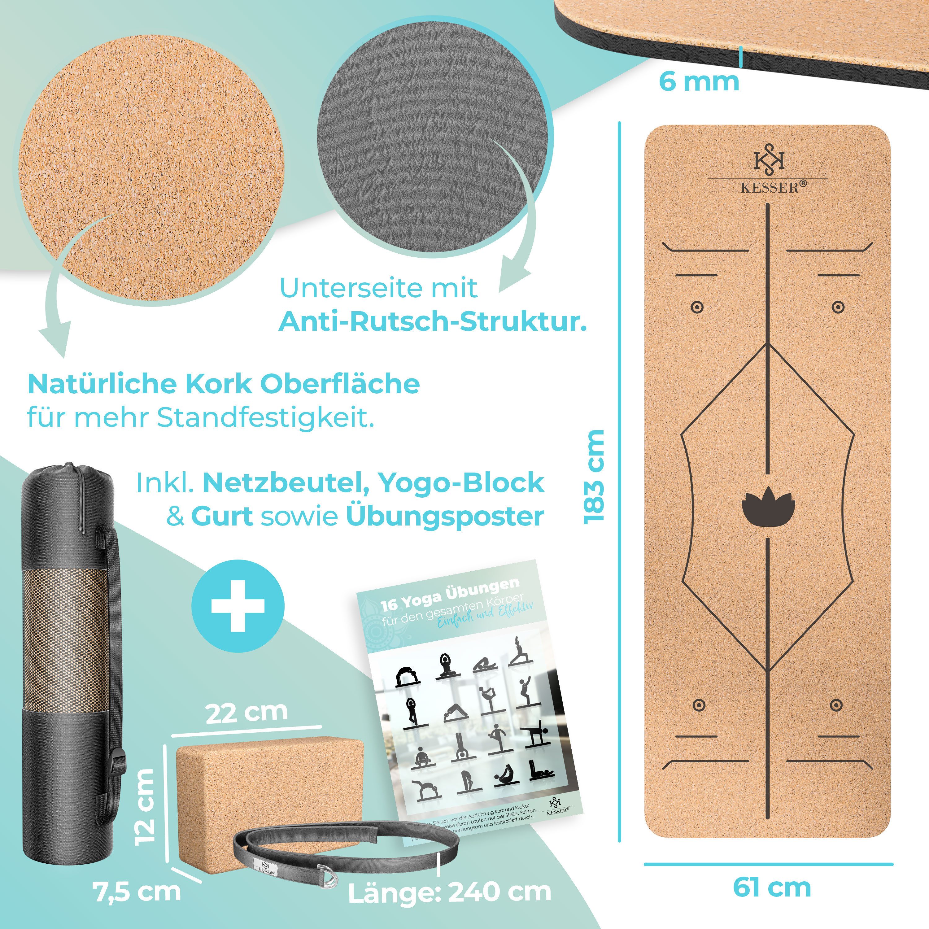 KESSER Yogamatte, Fitnessmatte Kork mit Tragegurt & Tasche Gymnastikmatte Trainingsmatte