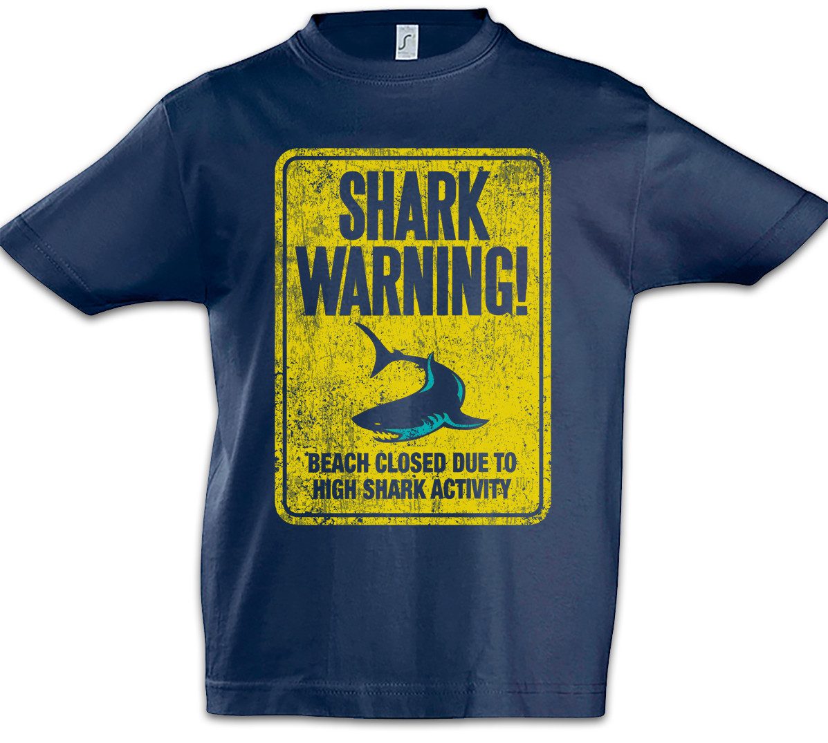 Print-Shirt Shark Warning Sign II Kinder T-Shirt Weißer Hai Surfer Surfing Diver
