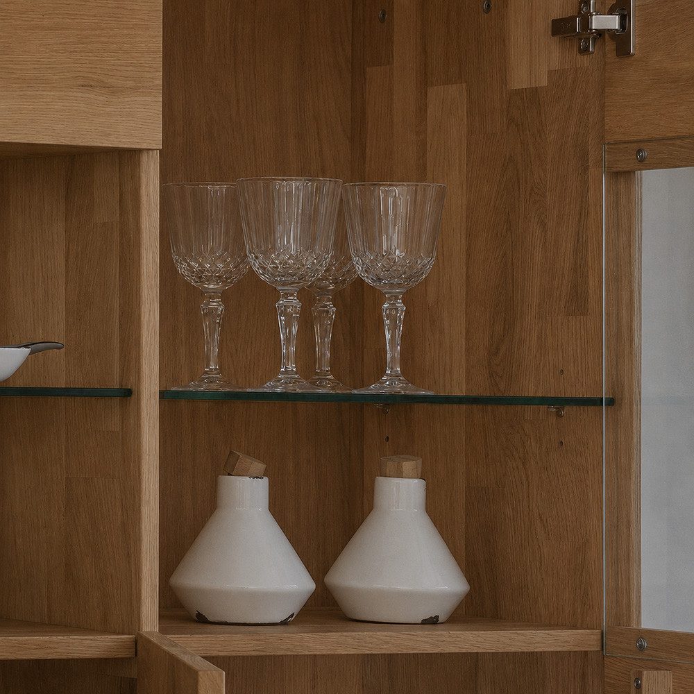 Lomadox Highboard WISLA-69, Massiv Wildeiche geölt, 149 cm, Griffeinfräsung, Softclose, montiert