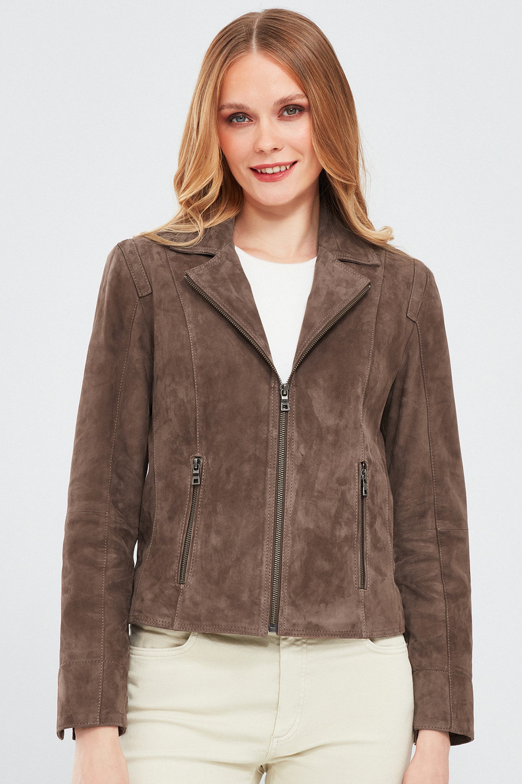 Derimod Lederjacke Lara Wildlederjacke Regular Fit, Reißverschluss, Reverskragen, Kurz, Textilfutter
