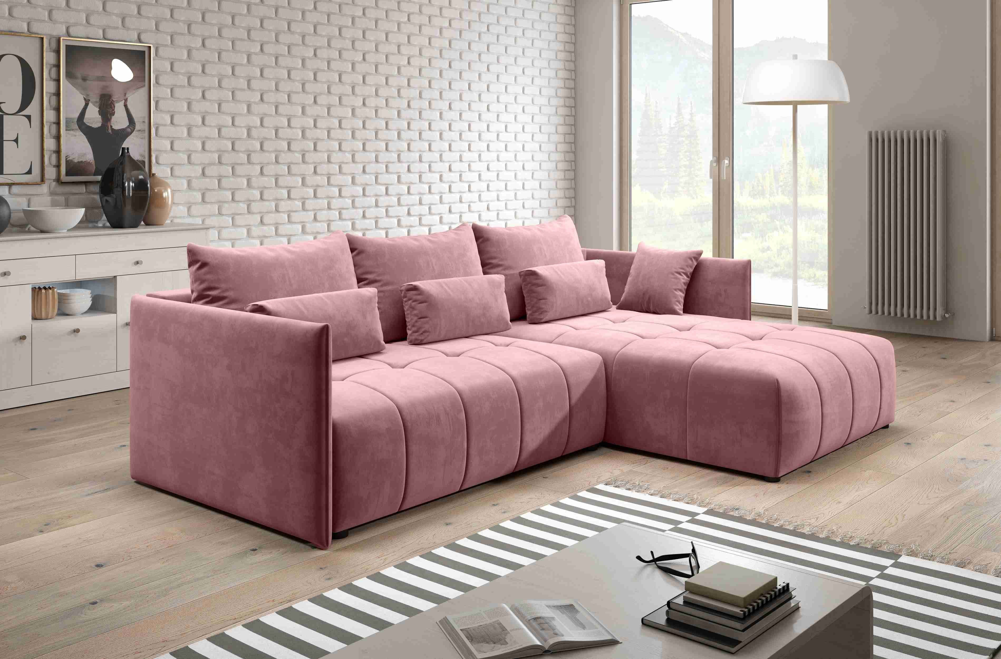Furnix Ecksofa YALTA Schlafsofa Couch ausziehbar mit Bettkasten und Kissen, Made in Europe Rosa MH 63