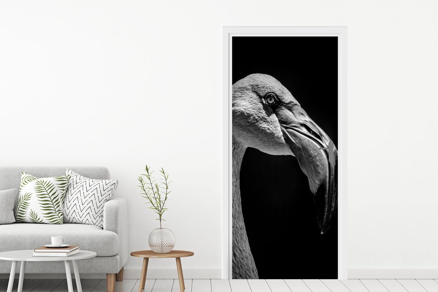 MuchoWow Türtapete Tierporträt 75x205 St), für schwarz (1 Fototapete Flamingo weiß, und cm Türaufkleber, in Matt, Tür, bedruckt