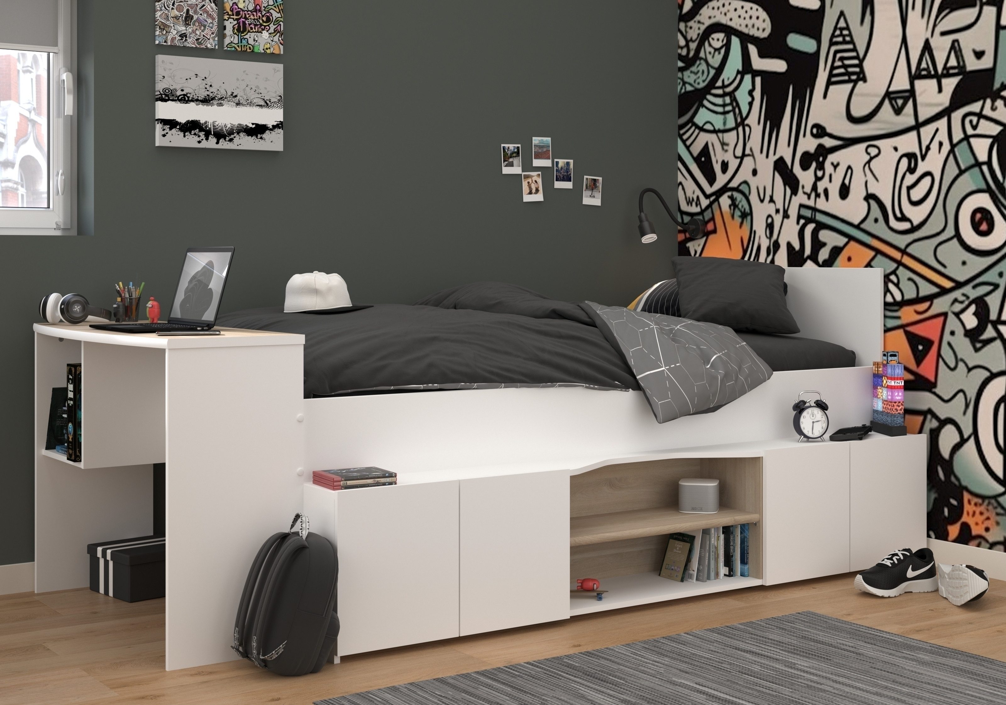 Parisot Hochbett Cleo 1 Stauraum, Liegefl. 90x200, Weiss / Eiche Dekor - 241x116x90cm (LxBxH)
