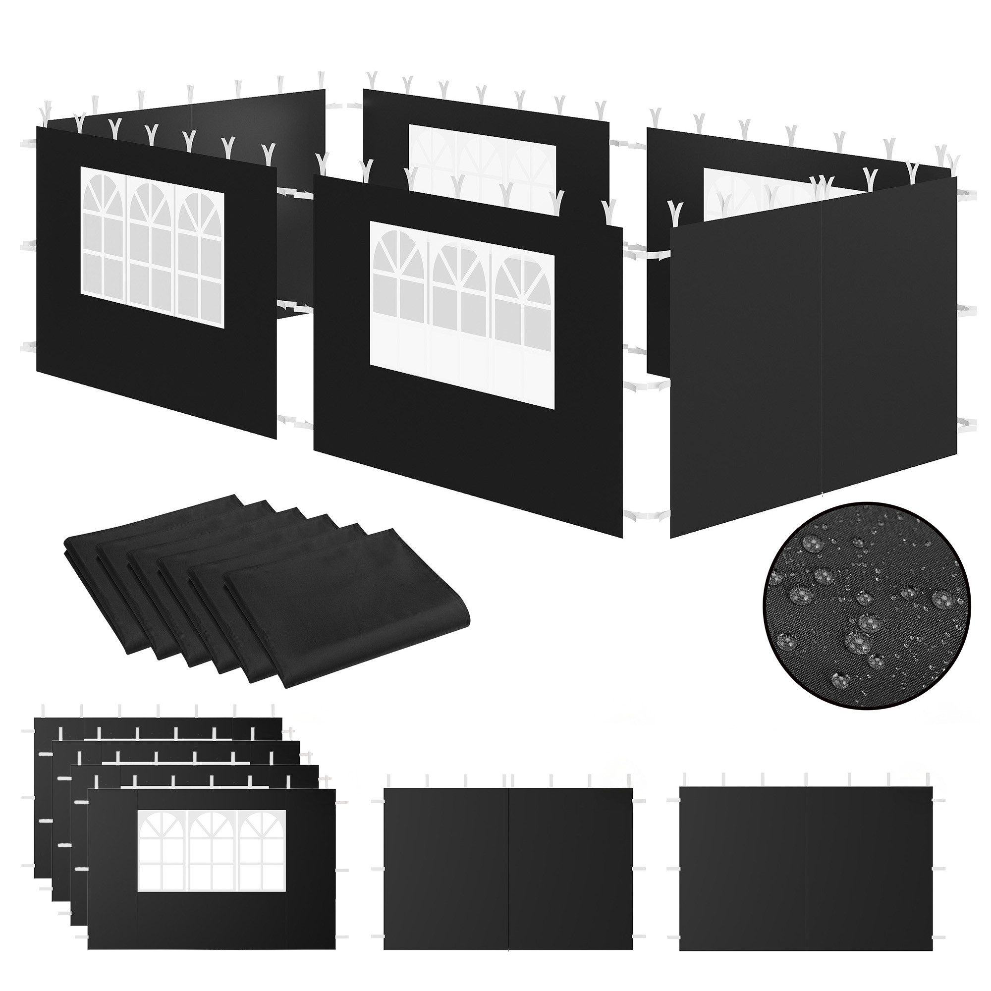 Zelsius Pavillonseitenteil Seitenwände für Pavillon 3x6 m, 6-teilig, Schwarz, Gartenzelt, UV-Schutz & UPF-Wert: 30