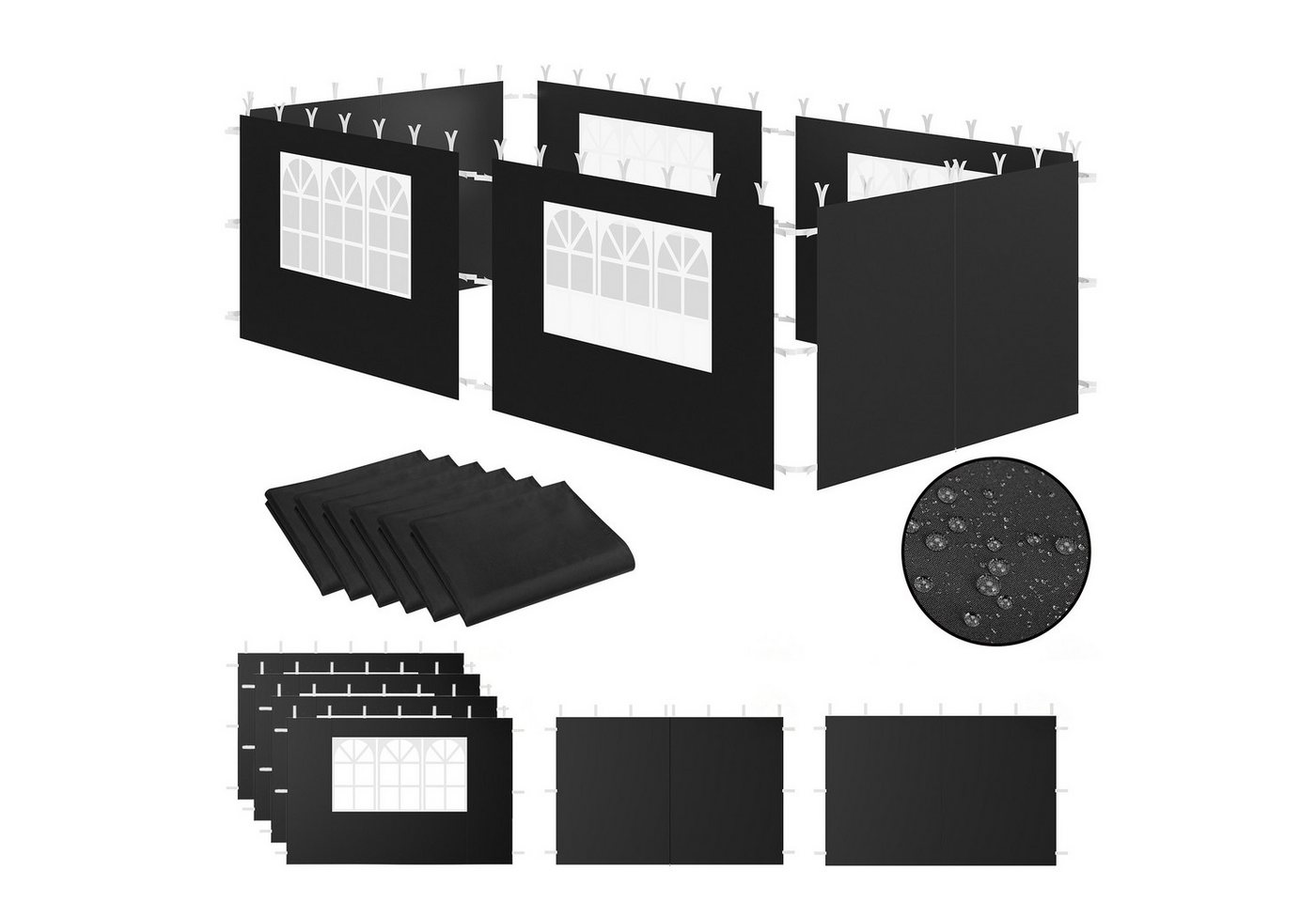 Zelsius Pavillonseitenteil Seitenwände für Pavillon 3x6 m, 6-teilig, Schwarz, Gartenzelt, UV-Schutz & UPF-Wert: 30
