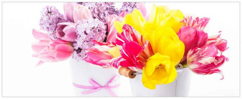 Wallario Glasbild, Zwei Blumen-Bouquets aus gelben und roten Tulpen und Flieder, in verschiedenen Ausführungen