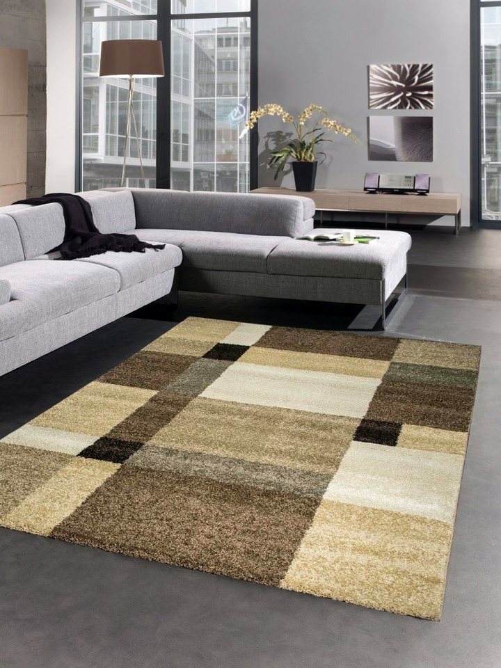 Teppich Moderner Teppich Kurzflorteppich Wohnzimmerteppich karo braun  beige, Carpetia, rechteckig, Höhe: 18 mm, Schöne Teppiche passend für  Wohnzimmer, Schlafzimmer, Flur & Diele