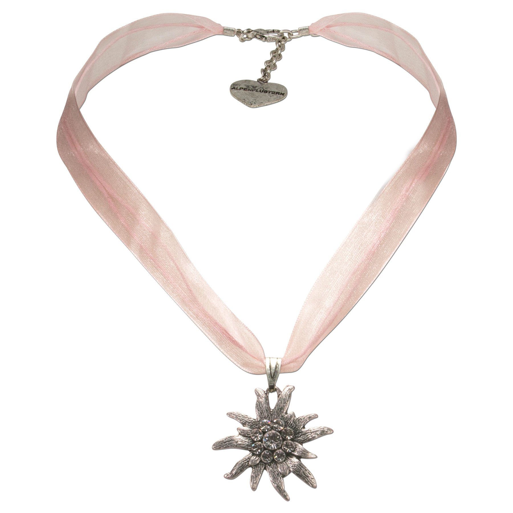 Alpenflüstern Ketten-Set Trachtenschmuck-Set Organza-Trachtenkette und Ohrhänger Strass-Edelweiß (rosa-ros), - Damen-Trachten-Schmuck, Trachtenset Dirndl-Kette und Trachten-Ohrringe