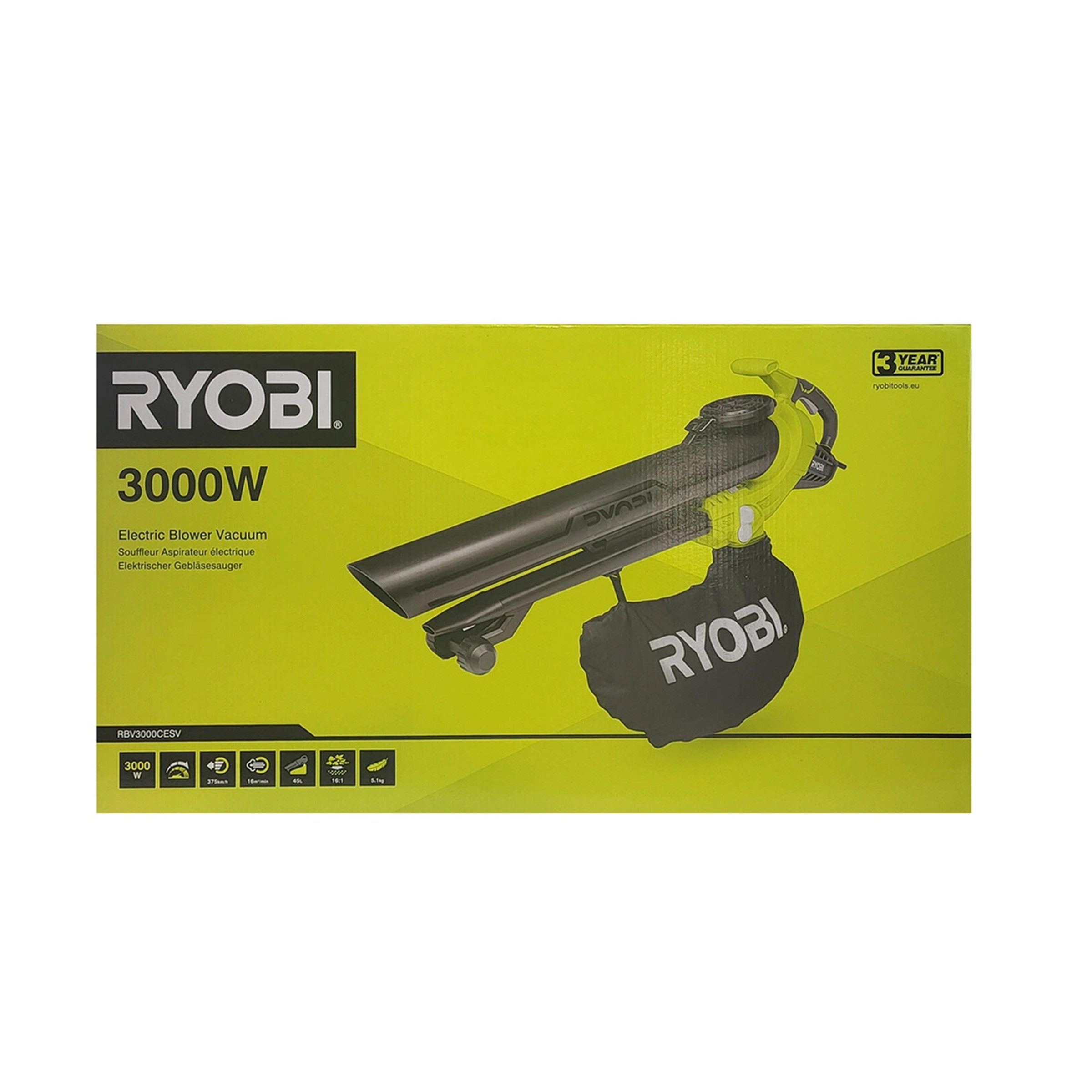 RYOBI Elektro-Laubsauger Ryobi RBV3000CESV Elektro-Laubbläser & Sauger 3000 W ideal für Garten, (1 St)