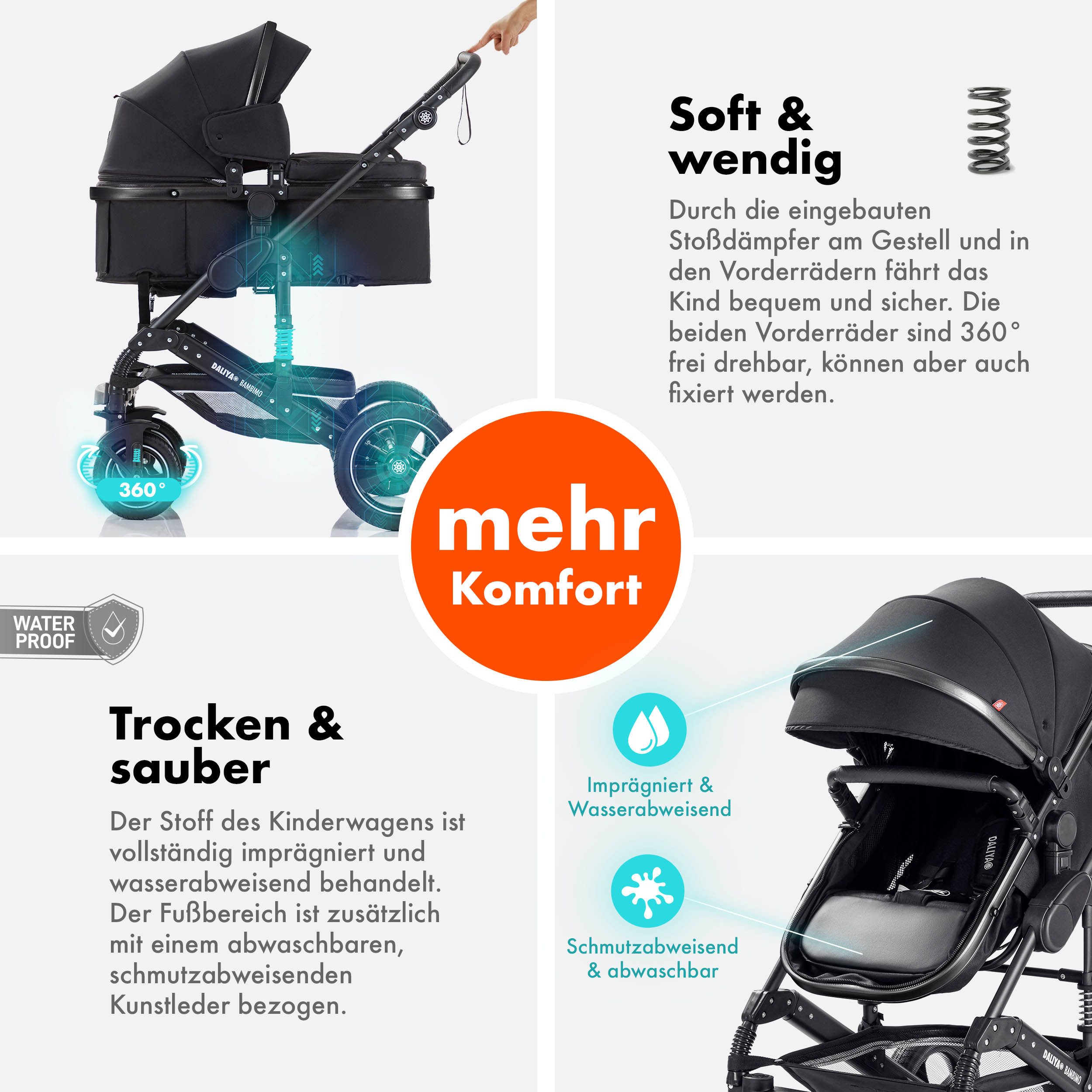 Daliya® Kombi-Kinderwagen BAMBIMO 3in1 Kinderwagen & Buggy mit Auto-Babyschale und Adapter, (XXL-Set inkl. Wickeltasche und Spieltisch, 15-tlg), Babyschale, Air – Bild 4 von 5