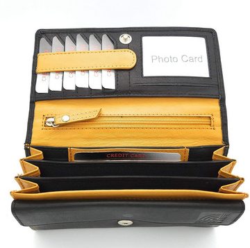 JOCKEY CLUB Geldbörse echt Leder Damen Portemonnaie mit RFID Schutz "CALLA", olle Blütenstickerei, schwarz gelb