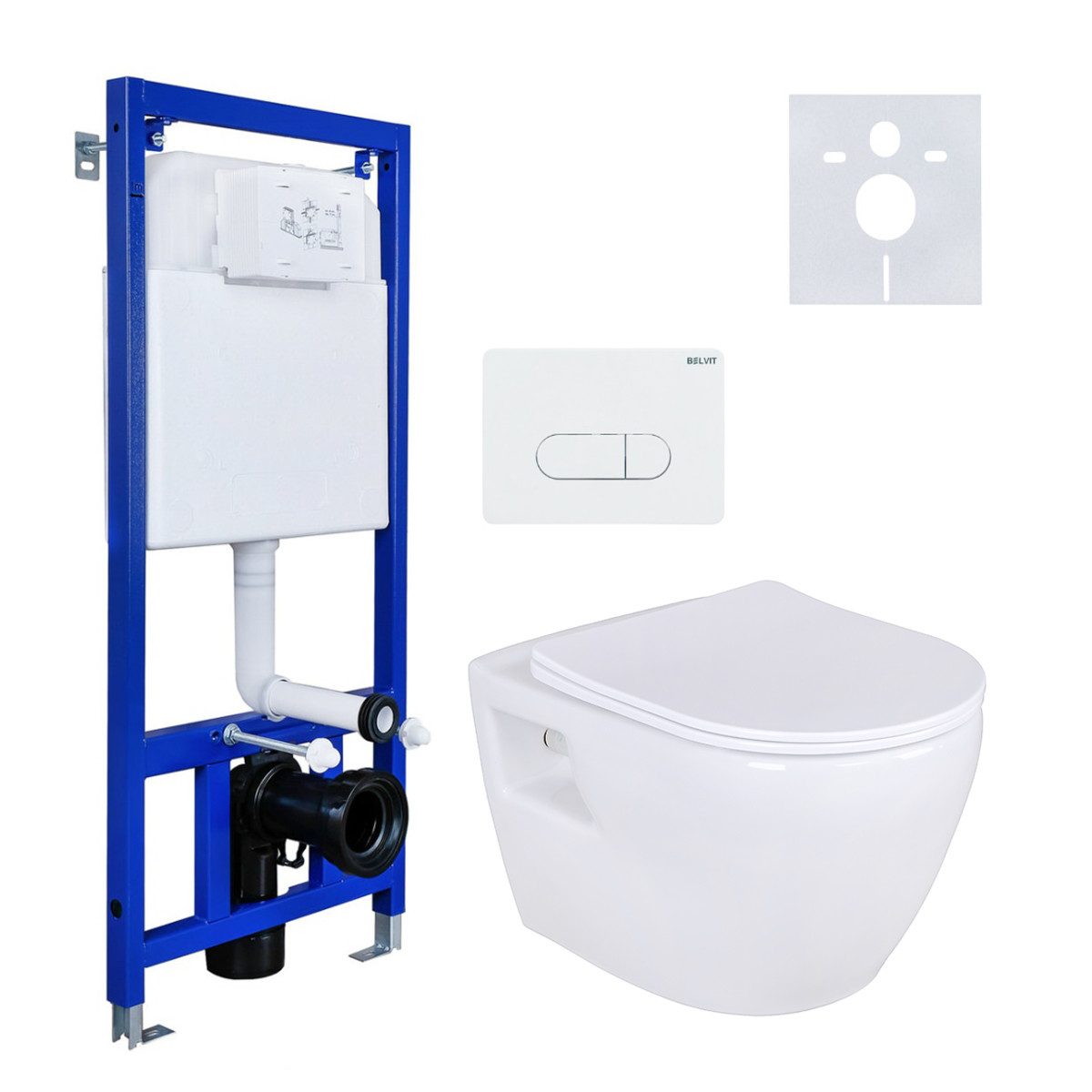 Belvit WC-Komplettset mit Wand-WC in schwarz & weiß, Vorwandelement & Soft-Close WC-Sitz, Unterputz Spülkasten, (Spar-Set), Vormontiert, Stahlrahmen, höhenverstellbar, bis 400 kg belastbar