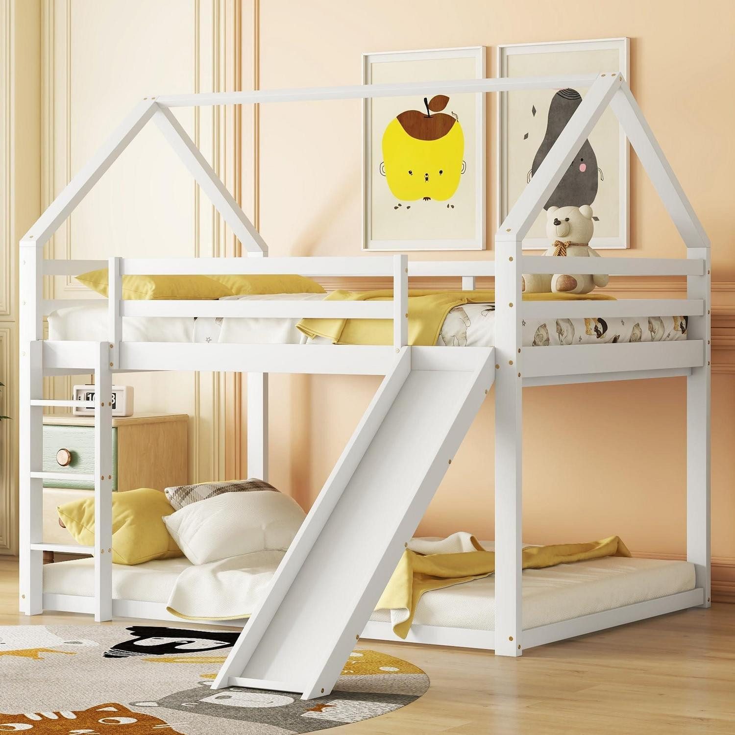 LuxusKollektion Hausbett Hochbett Haus 140x200cm Weiss mit Rutsche