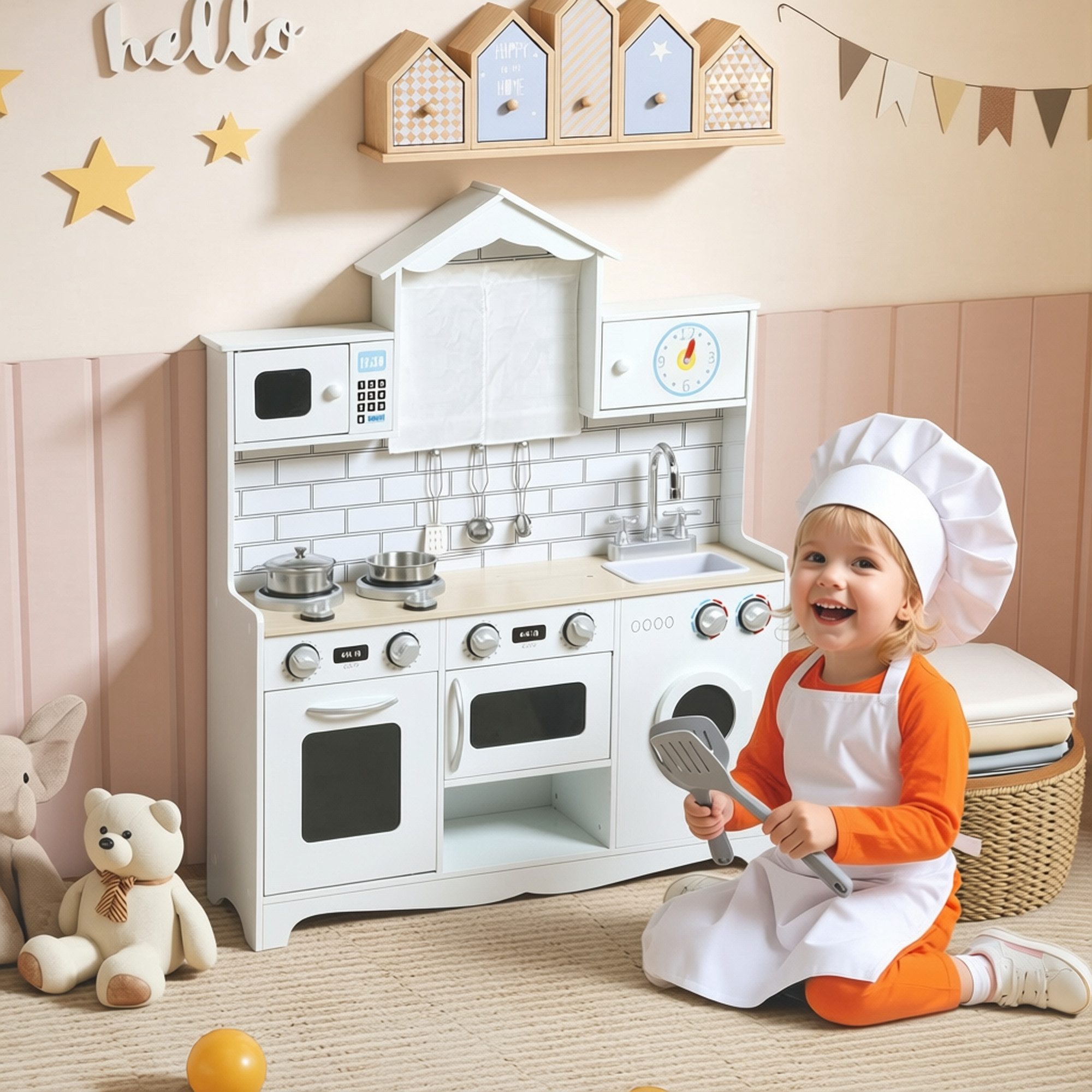 AIYAPLAY Spielküche Kinderküche mit Ofen Spüle Soundfunktion und Zubehör Spielset Holzwerkstoff, für 3-6 Jahre Kinder, Weiß