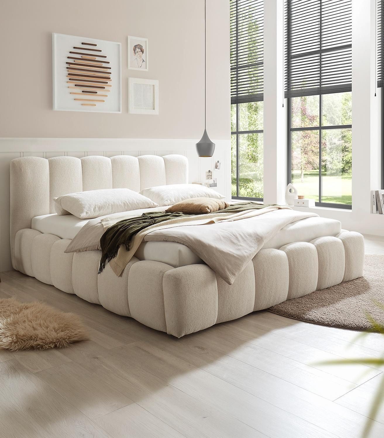 Bettgestell AVESTA, 180 x 200 cm, Beige, Webstoff, Bettkasten, Polsterkopfteil, B 207 x H 96 x T 221 cm