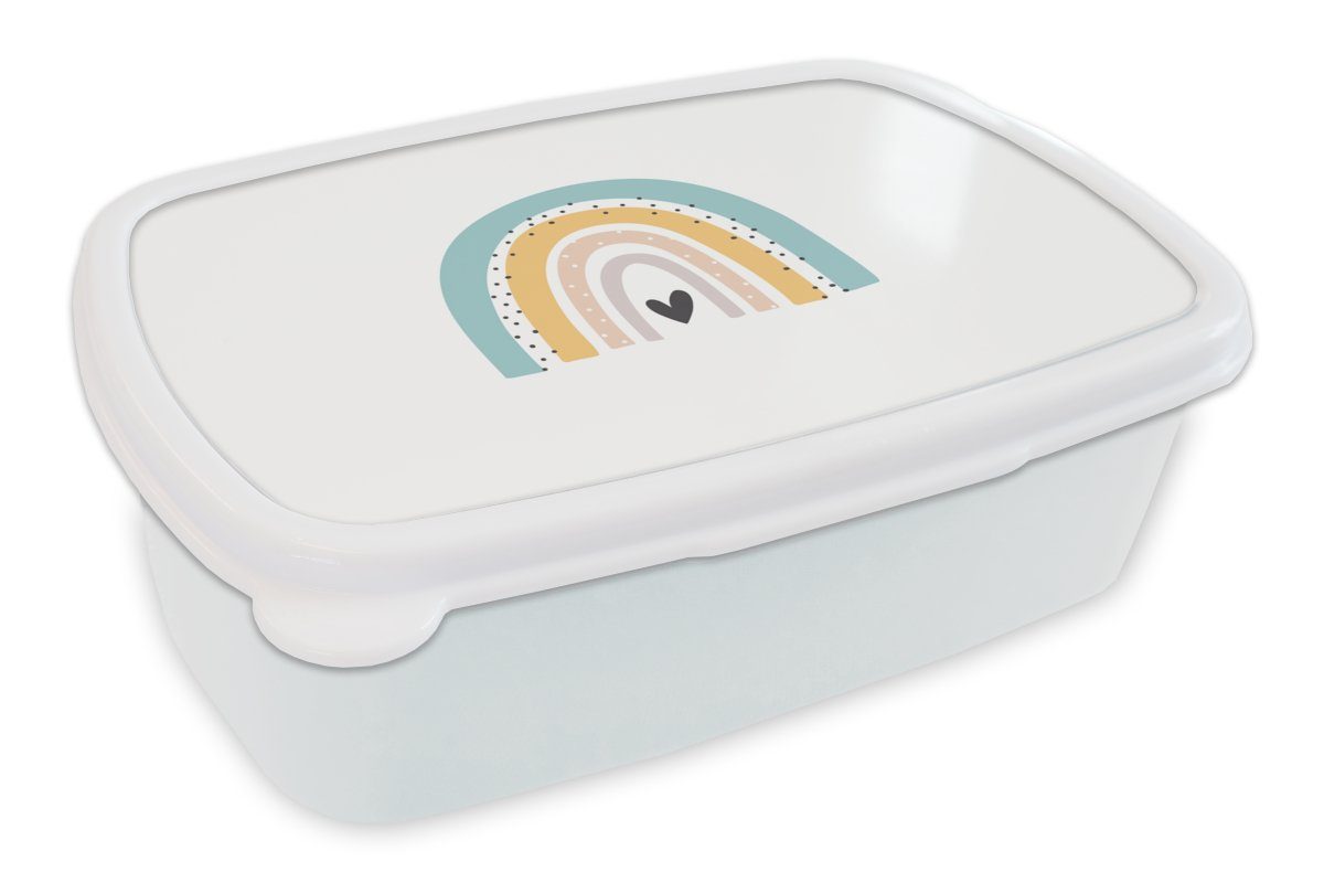 MuchoWow Lunchbox Regenbogen - Mädchen - Jungen - Herz - Pastell, Kunststoff, (2-tlg), Brotbox für Kinder und Erwachsene, Brotdose, für Jungs und Mädchen weiß