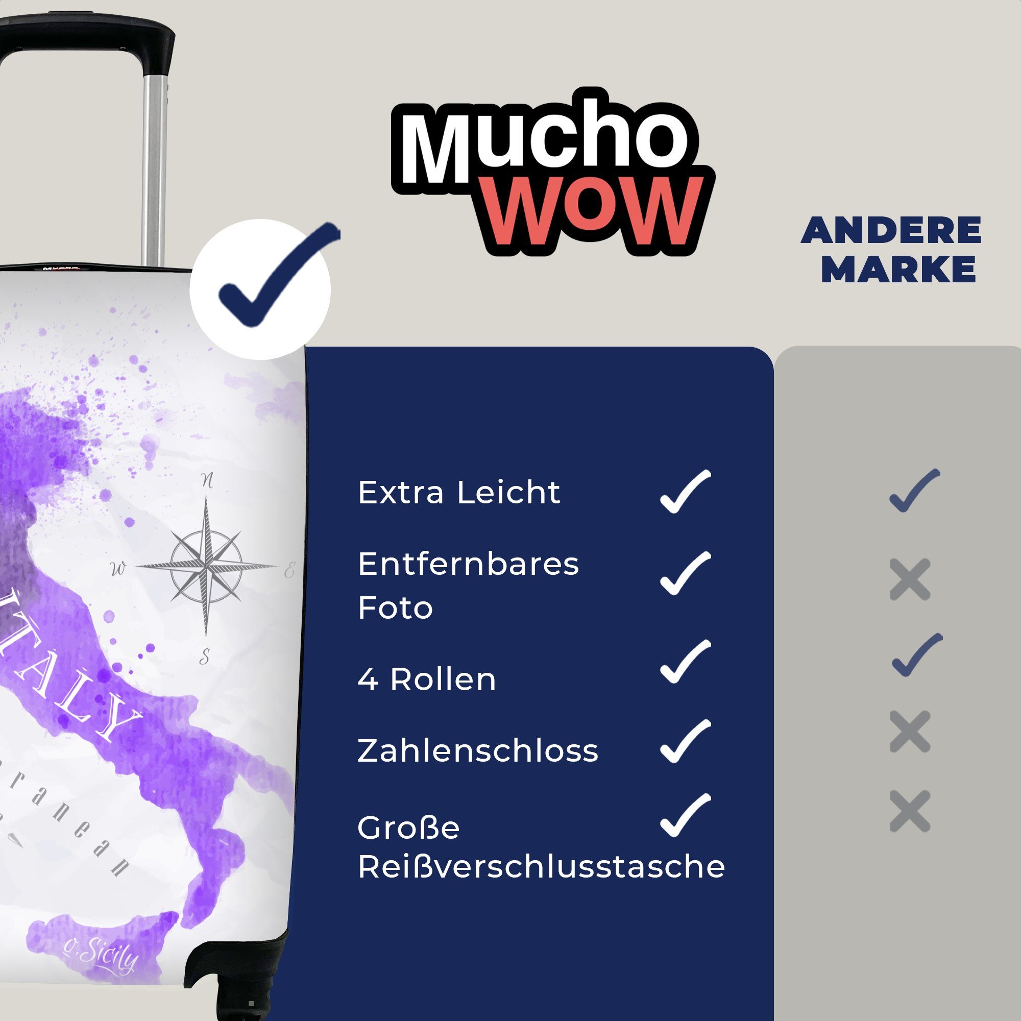 MuchoWow Handgepäckkoffer Karten - - Ferien, Italien Trolley, 4 Reisekoffer mit Farbe, rollen, Handgepäck Rollen, Reisetasche für