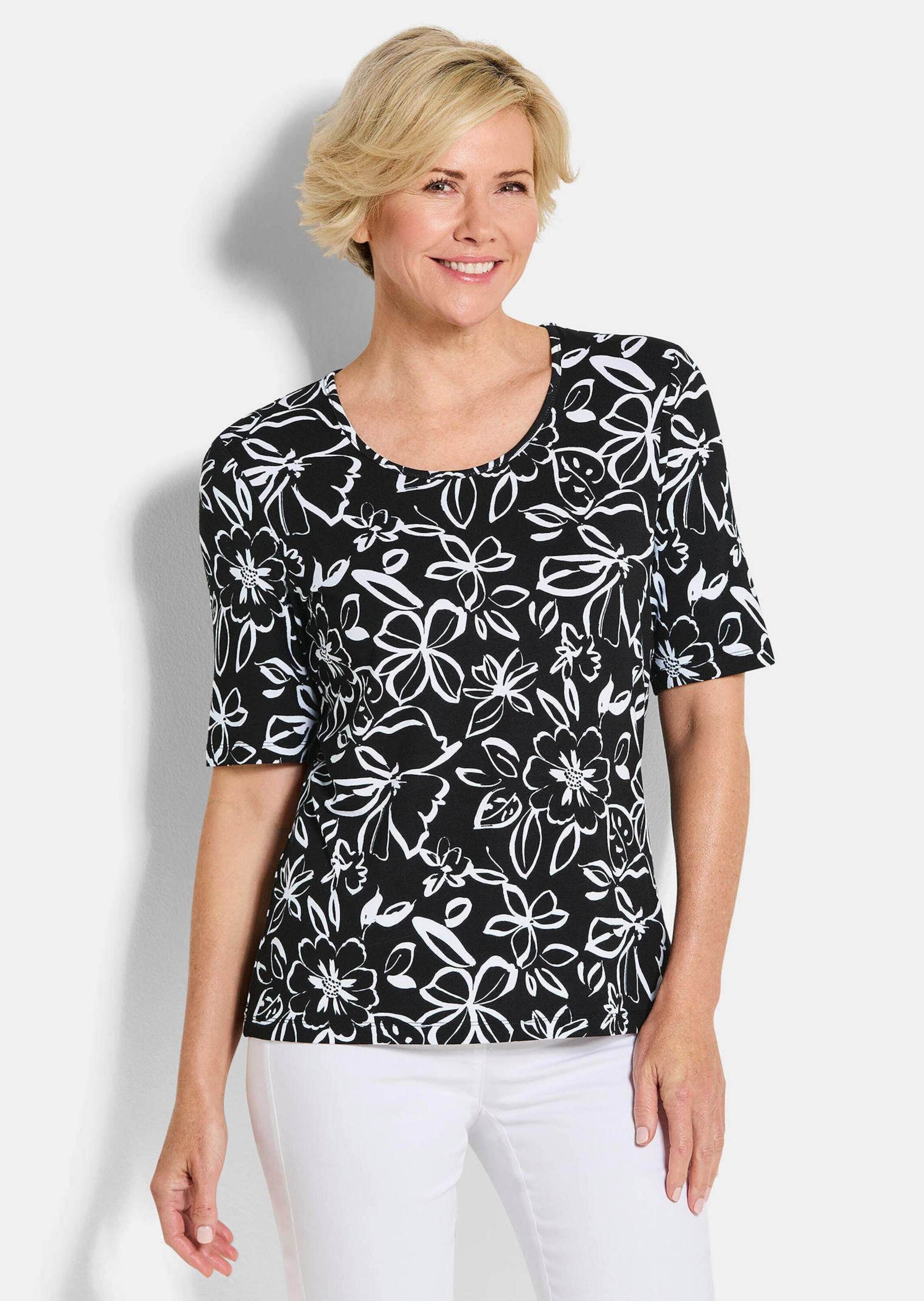 GOLDNER Print-Shirt Cityshirt mit floralem Design Druckshirt mit Rundhalsausschnitt und Halbarm