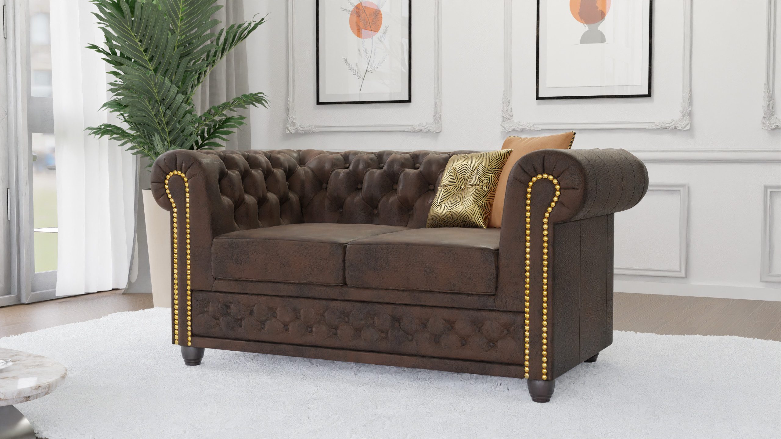 S-Style Möbel Chesterfield-Sofa Anton 2-Sitzer Sofa mit Schlaffunktion mit Holzfüßen, Mit Wellenfederung