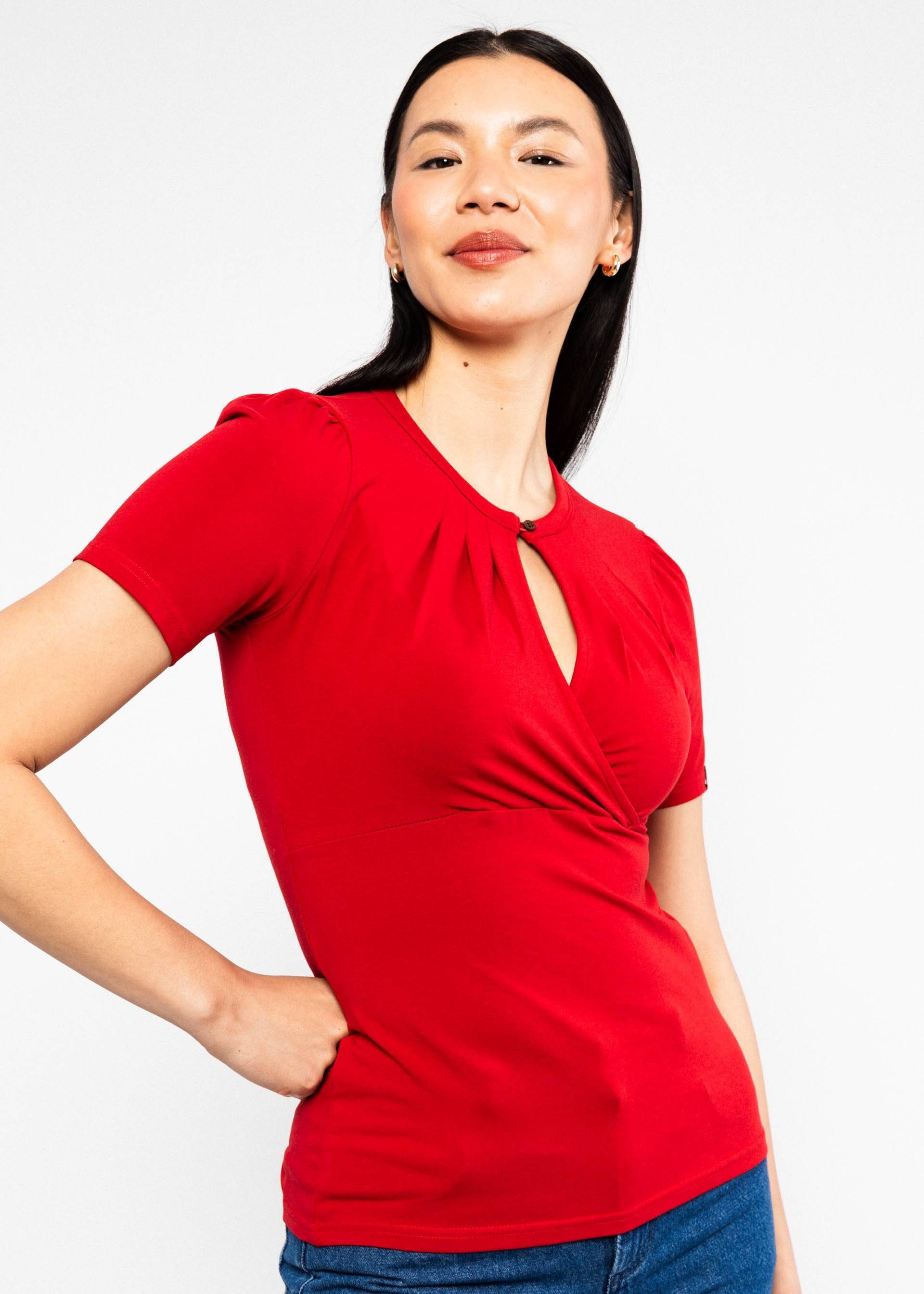 Blutsgeschwister T-Shirt - Damen T-Shirt rot - Wickeloptik Rundhals - schönes Dekolleté - Baumw