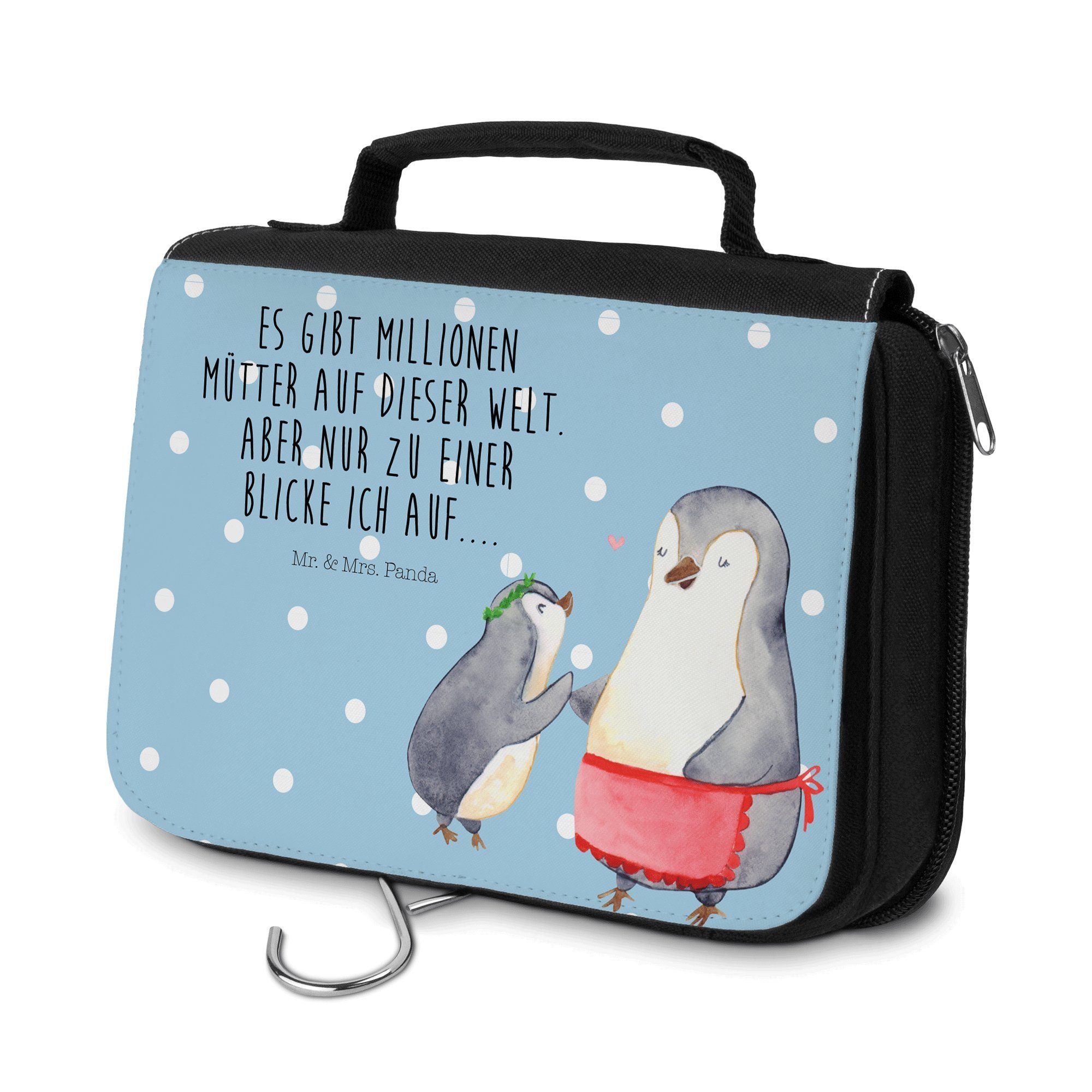 Mr. & Mrs. Panda Kulturbeutel Pinguin mit Kind - Blau Pastell - Geschenk, Danke Mama, Mami, Kosmeti (1-tlg)