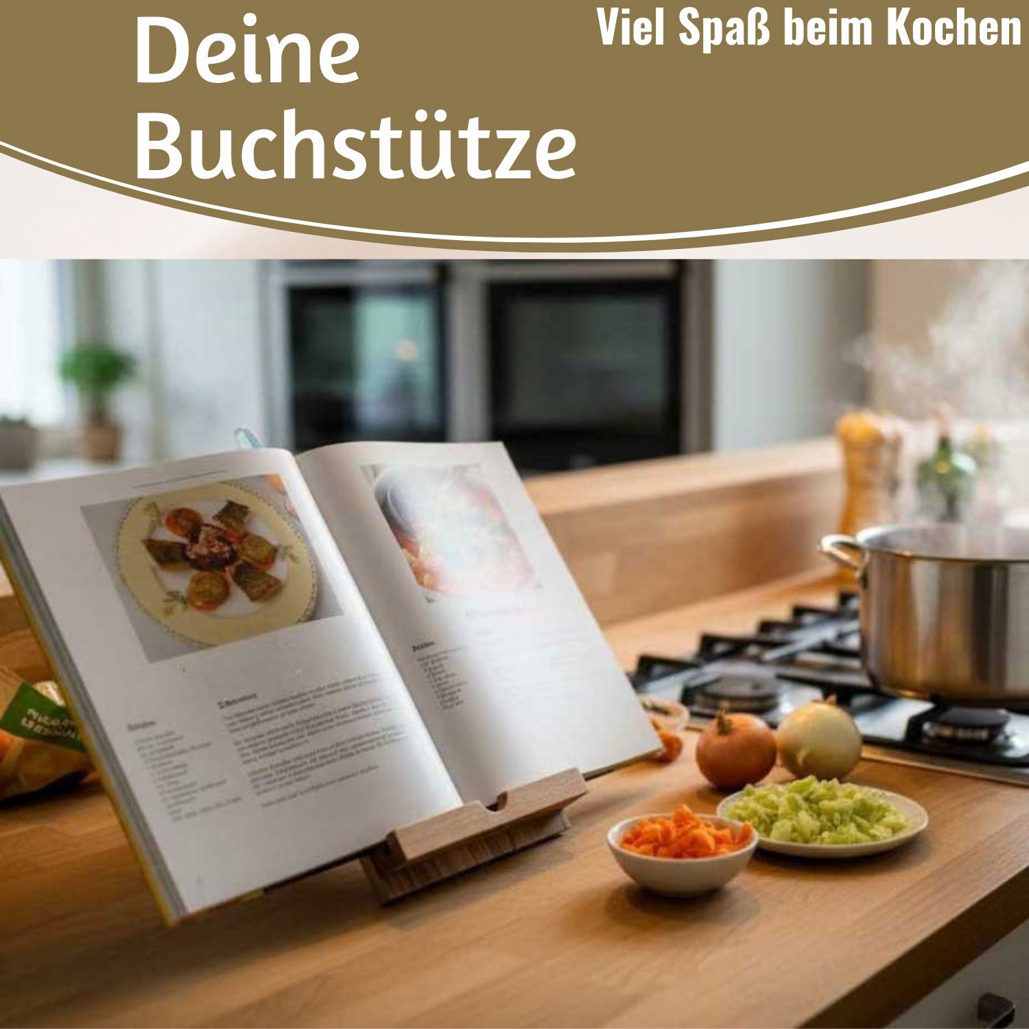 LS-LebenStil Buchstütze Holz Kochbuchhalter Bambus 23x18cm Braun Kochbuchständer (Kochbuchständer Buchhalter Ständer für Kochbücher Leseständer faltbar, 1 St., Tablett Halter Halterung passend für ipad und Tablett´s), ideal auch als Notenständer