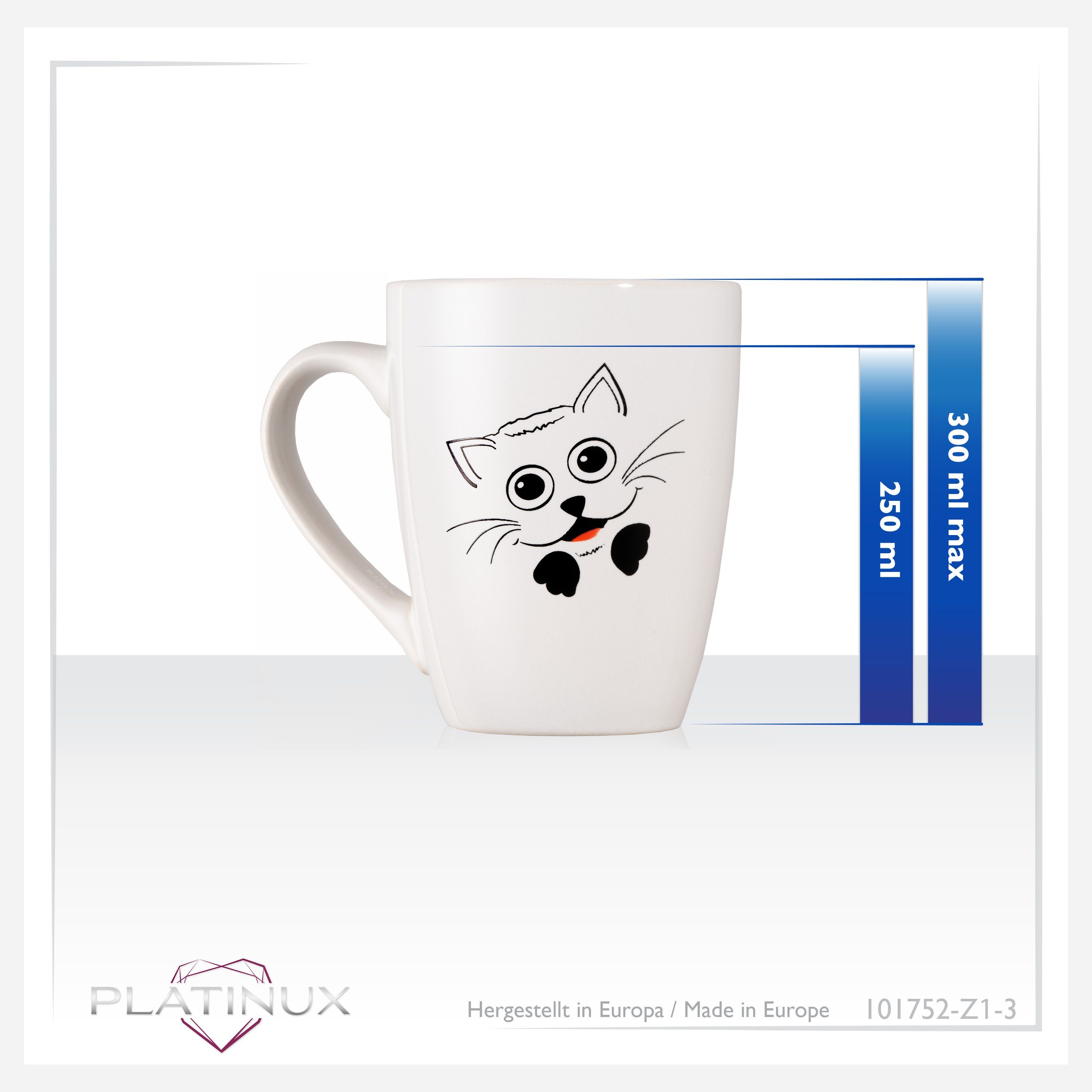 Kaffeetasse Griff Motiv Kaffeebecher Tasse Katzen Teebecher Keramik, "Felix" mit Keramik PLATINUX 250ml, mit Teetasse (max. Tasse 300ml)