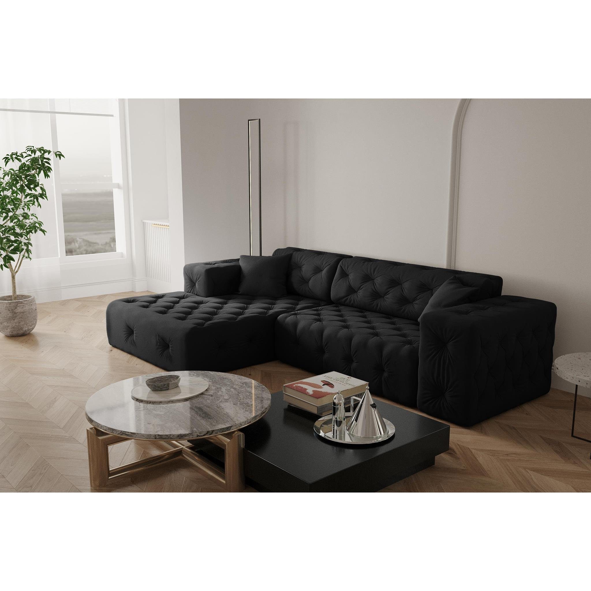 mini, Beautysofa mit hochwertiger Design, mit Moreno Wellenunterfederung Ecke Opera Knopfheftung, Polsterecke im L-Form aus Chesterfield black Velours, Polsterecke