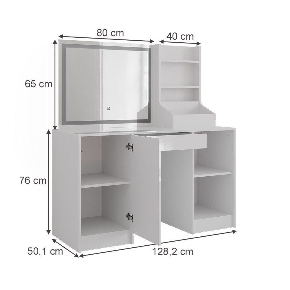 Vicco Schminktisch Sherry, Weiß/Weiß Hochglanz, 128.2 cm mit LED-Spiegel (3-St)