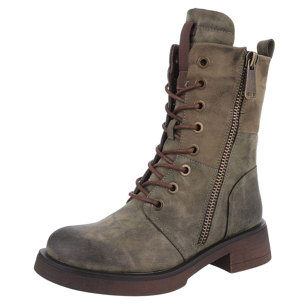 Ital-Design Modischer Damen-Boot mit Reißverschluss und Schnürung Schnürstiefelette (90515076) Blockabsatz Schnürstiefeletten in Grün