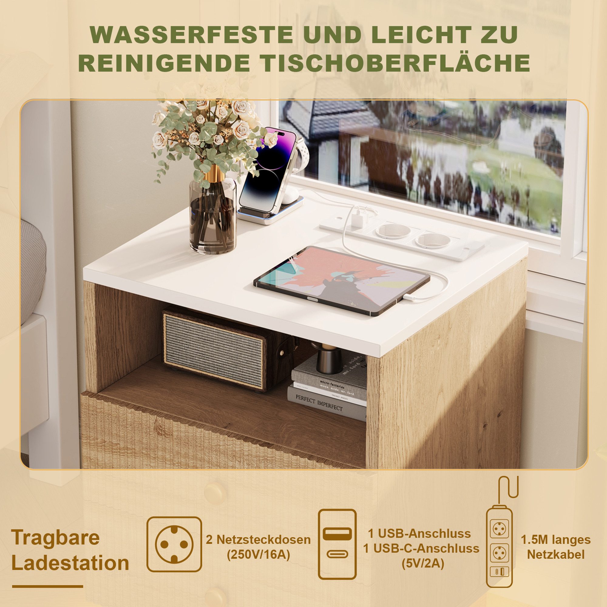 ADWOLT Nachttisch Nachtschrank mit 2 Schubladen (Set, 1-St., 2er Set), Beistelltisch mit Ladestation und LED Offenes Fach – Bild 2 von 5