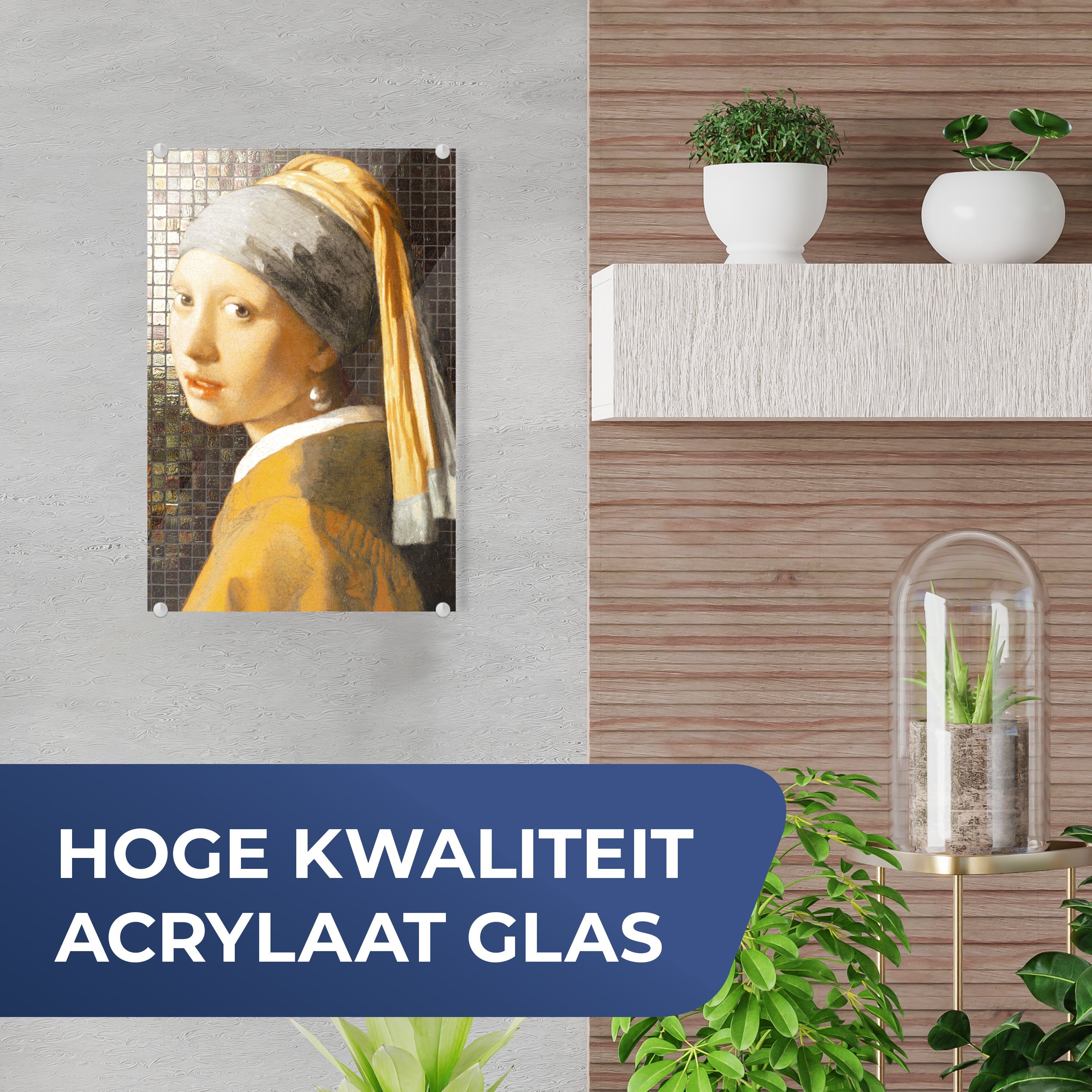 MuchoWow Acrylglasbild Mädchen mit St), - Glas Wandbild auf Bilder Perlenohrring Glas - Glasbilder Foto Mosaik, (1 Vermeer Johannes - Wanddekoration - auf 