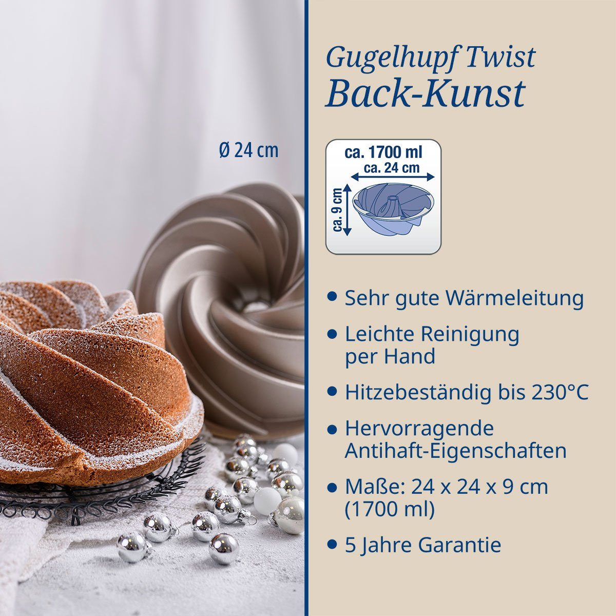 Dr. Oetker Küchenhelfer Gugelhupfform Ø 23cm, aus Aluguss, antihaftbeschichtet, creative, leichte Reinigung