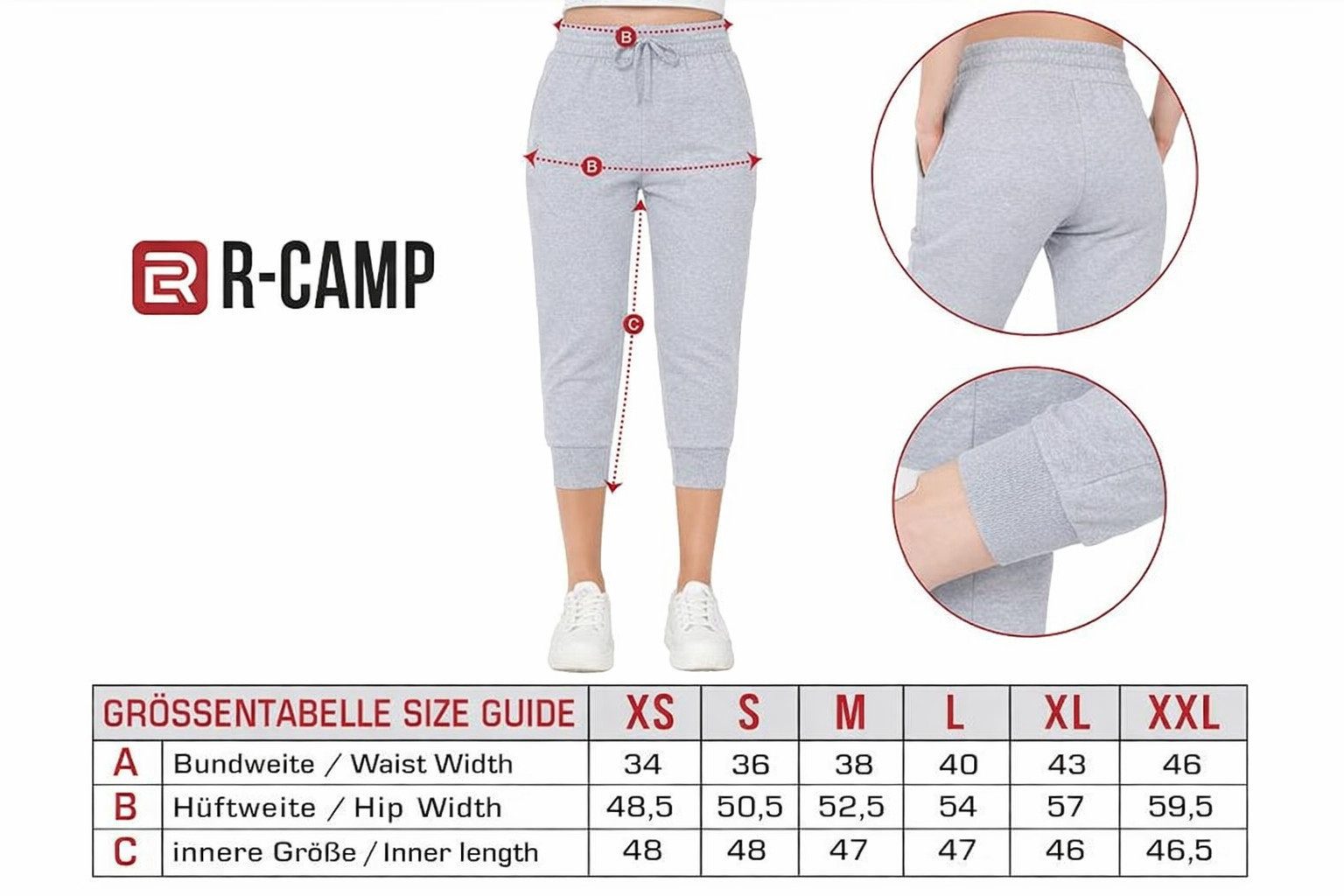 R-CAMP Caprihose Jogginghose Damen kurze Hose 3/4 kurze Sporthose (1-tlg) Baumwolle, Atmungsaktiv, Elastisch