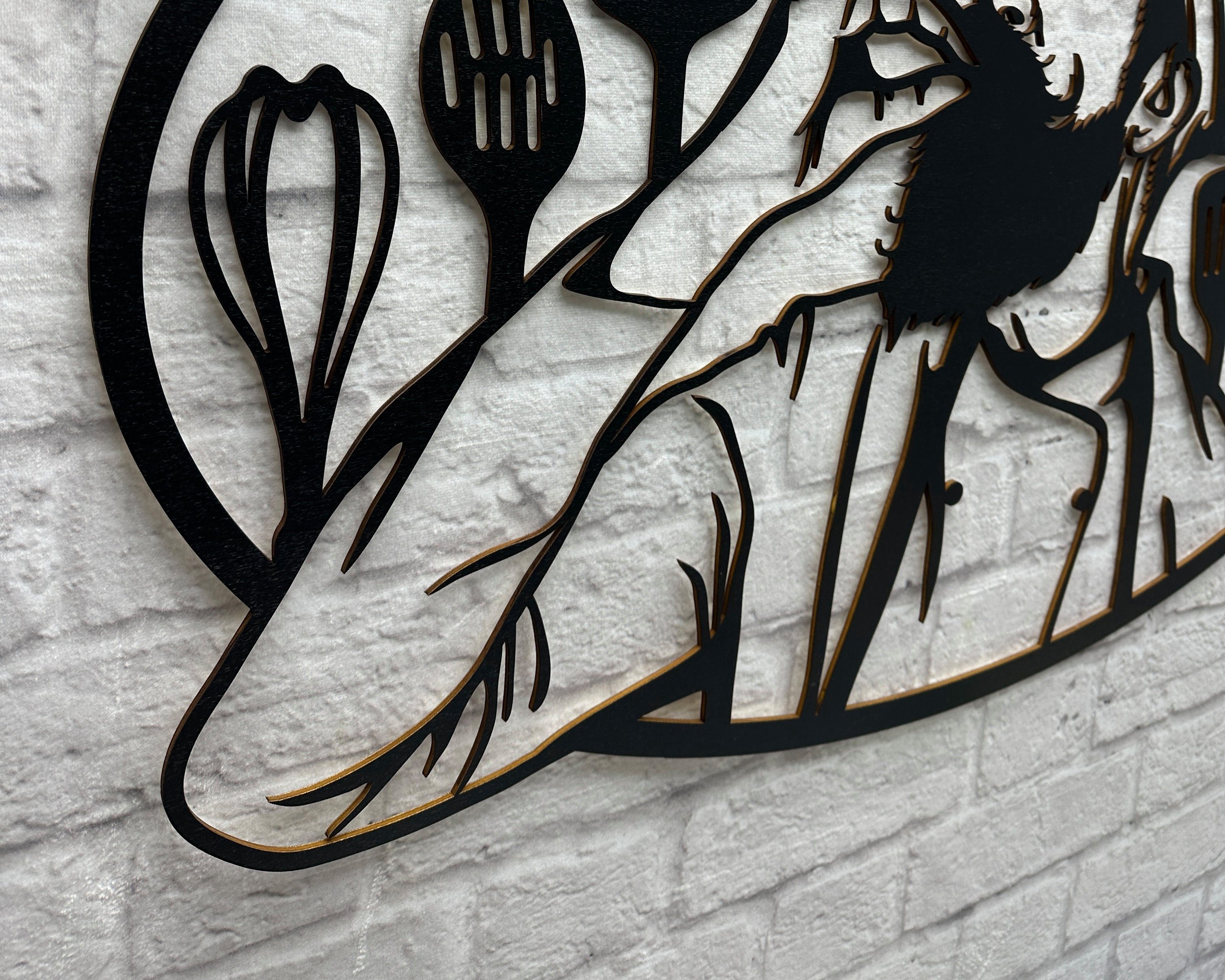 Holzschild Wandbild lackiert WoodFriends Holz Deko Wandtattoo Restaurant, naturbelassen Wandbild Koch Wanddeko aus Küchen Holz