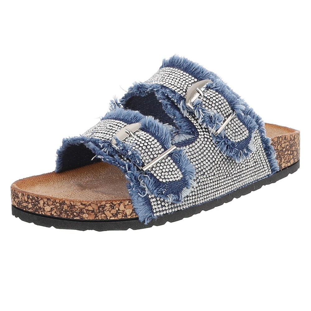 Ital-Design Glamouröse Damen Sandalen mit Strass und Korkfußbett Pantolette (91512396) Flach Pantoletten in Blau