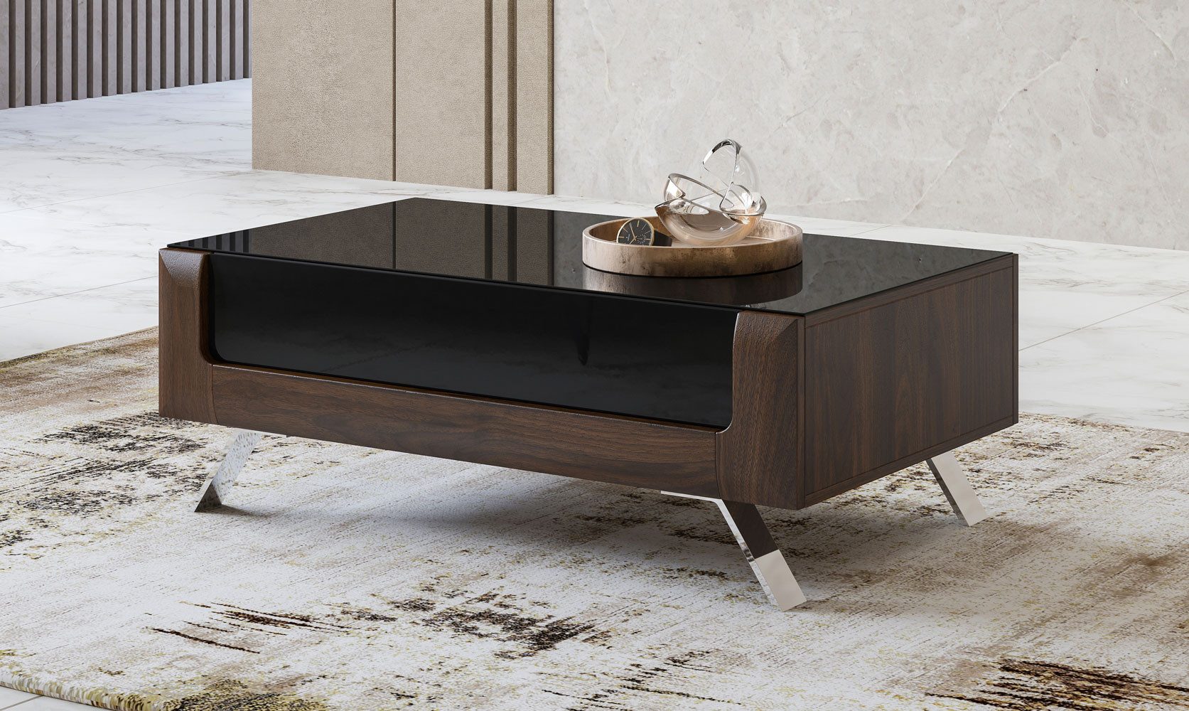 Helvetia Couchtisch Kleve (mit Schublade, Tischplatte aus Glas, 1-St., moderne Optik, mit Schublade, Tischplatte aus Glas), 110x65x45cm Columbia Walnuss / schwarz Hochglanz