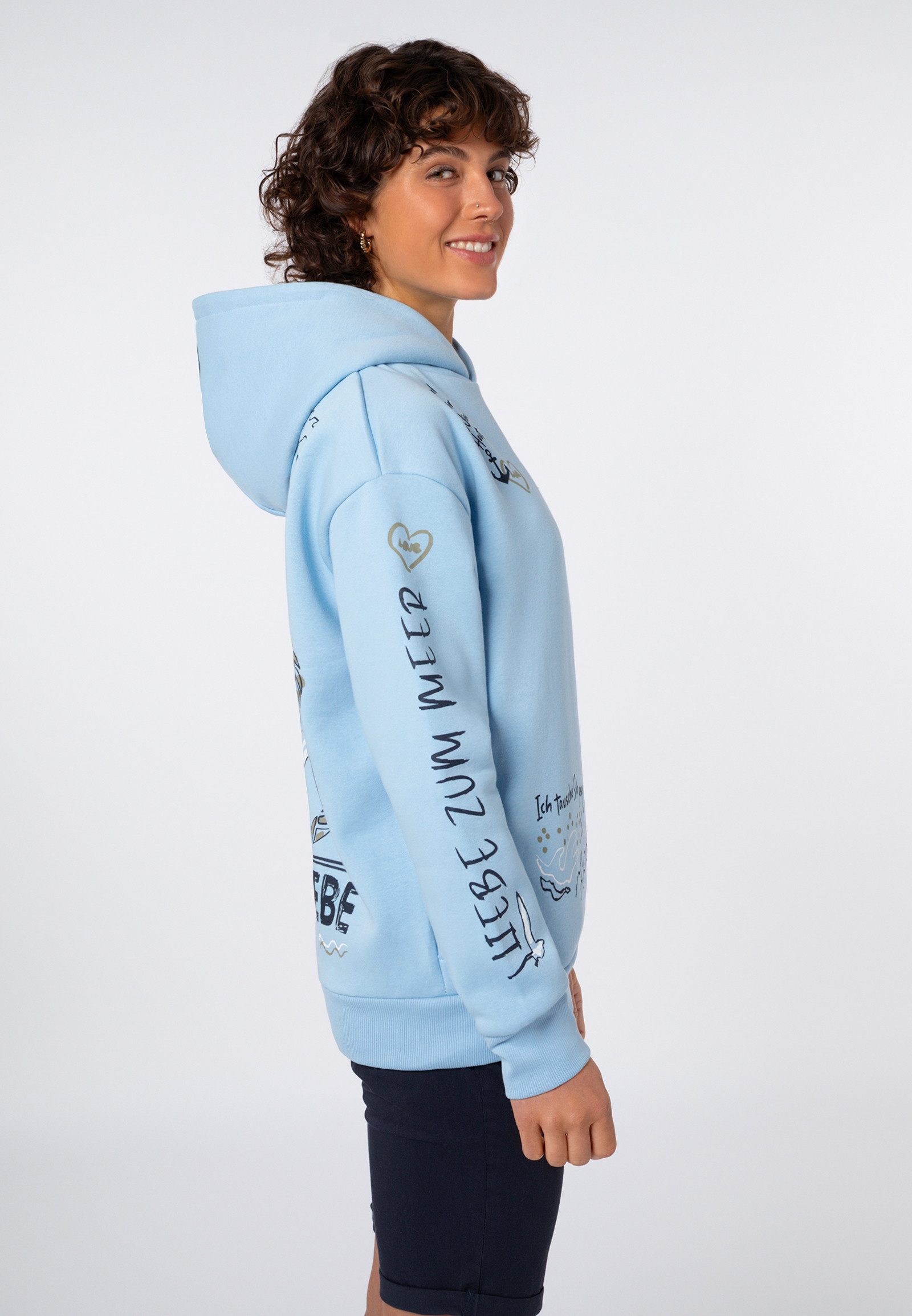 Eight2Nine Kapuzenpullover Damen Hoodie Kapuzenpullover allover Küstenprint Sweater, Kapuzensweatshirt mit seitl. Eingrifftaschen