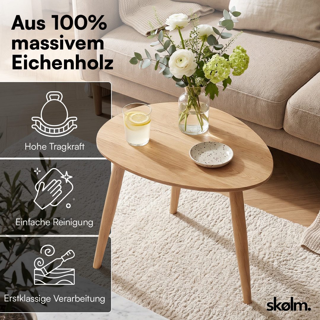 skølm Couchtisch Lodur aus Eiche Massivholz, Holztisch mit 3 Tischbeinen für Wohnzimmer, Wohnzimmertisch 55x38x45 cm, ovale Tischplatte