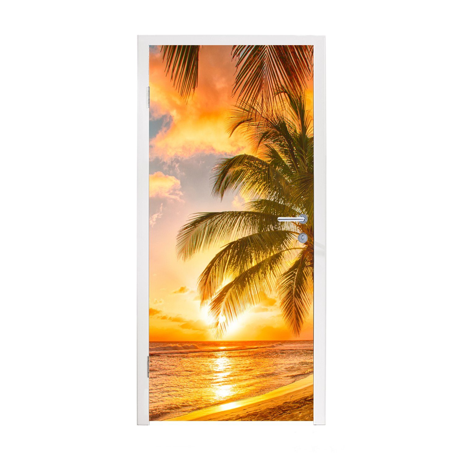 MuchoWow Türtapete Sonnenuntergang - Palme - Wolken - Meer - Strand, Matt, bedruckt, (1 St), Fototapete für Tür, Türaufkleber, 75x205 cm