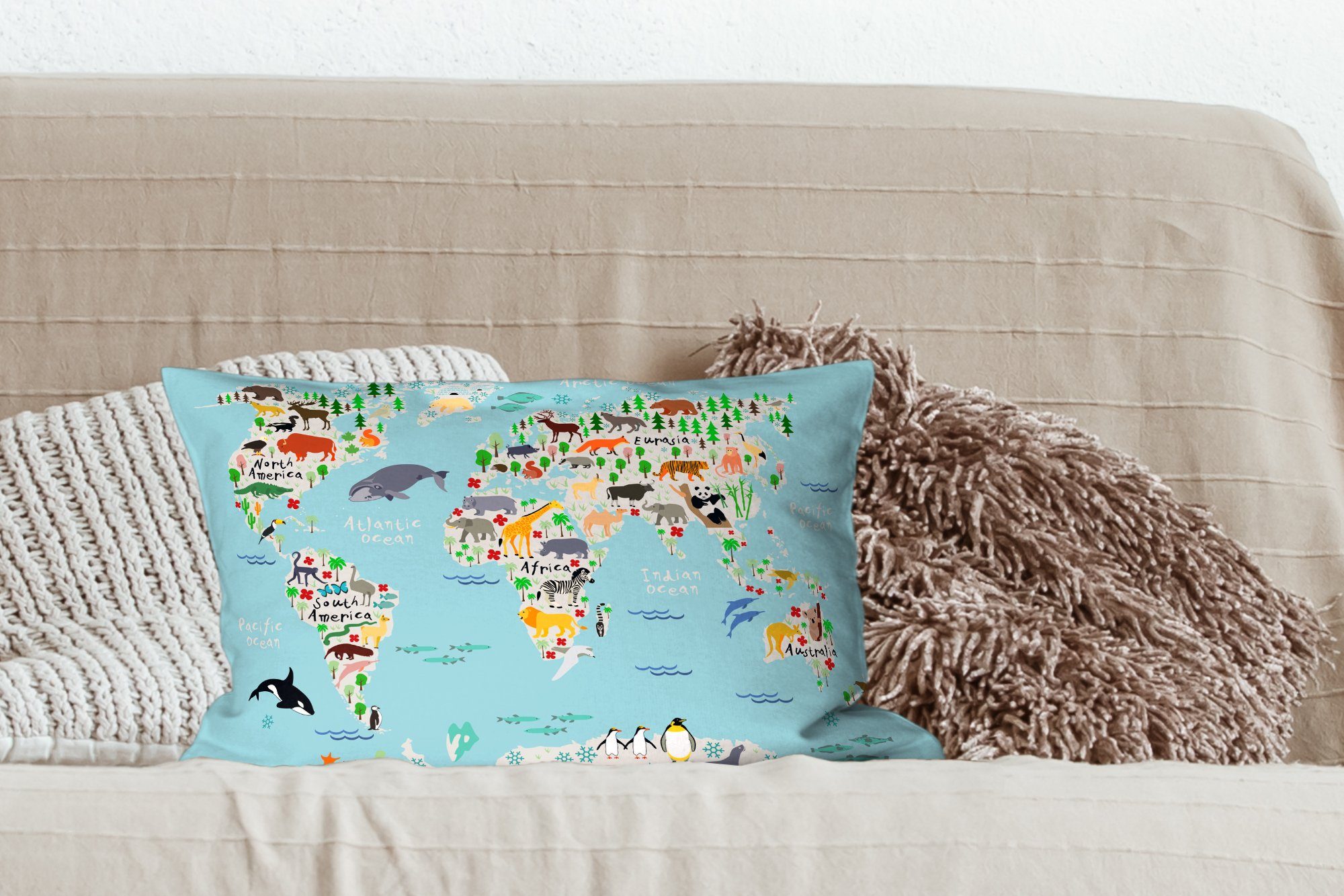 MuchoWow Dekokissen Weltkarte - Zierkissen, - Wal, Orca - Dekokissen - Füllung, Schlafzimmer Blau Wohzimmer Dekoration, - Tiere mit Kinder