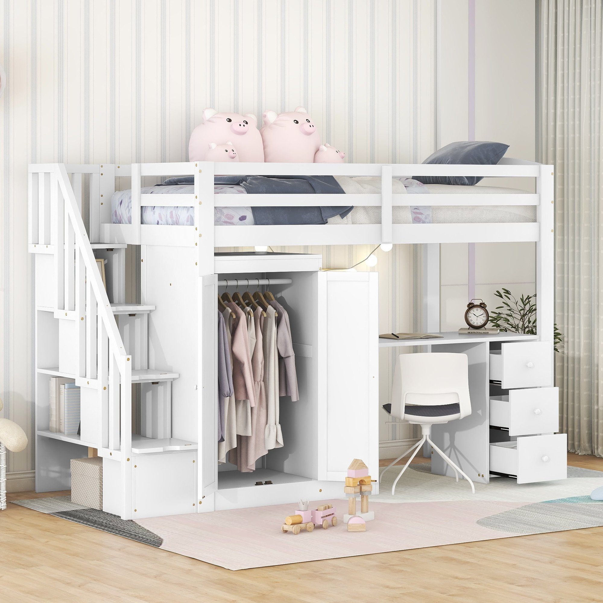 Ulife Hochbett Holzbett Kinderbett Einzelbett mit Schreibtisch und Kleiderschrank 90x200cm,Weiß