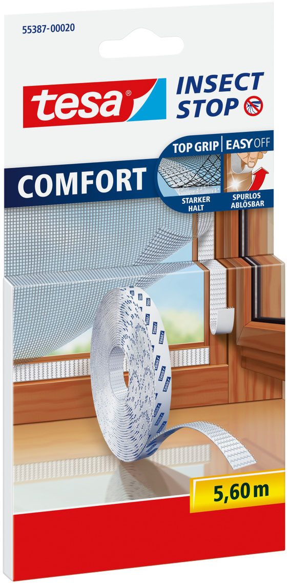 tesa Insektenschutz-Fensterrahmen Insect Stop COMFORT selbstklebendes Klettband Ersatzrolle, 5,6m, (Packung, 1-St., Selbstklebendes Klettband), Klettband zur bohrfreien Fixierung am Fenster für Fliegengitter - weiß