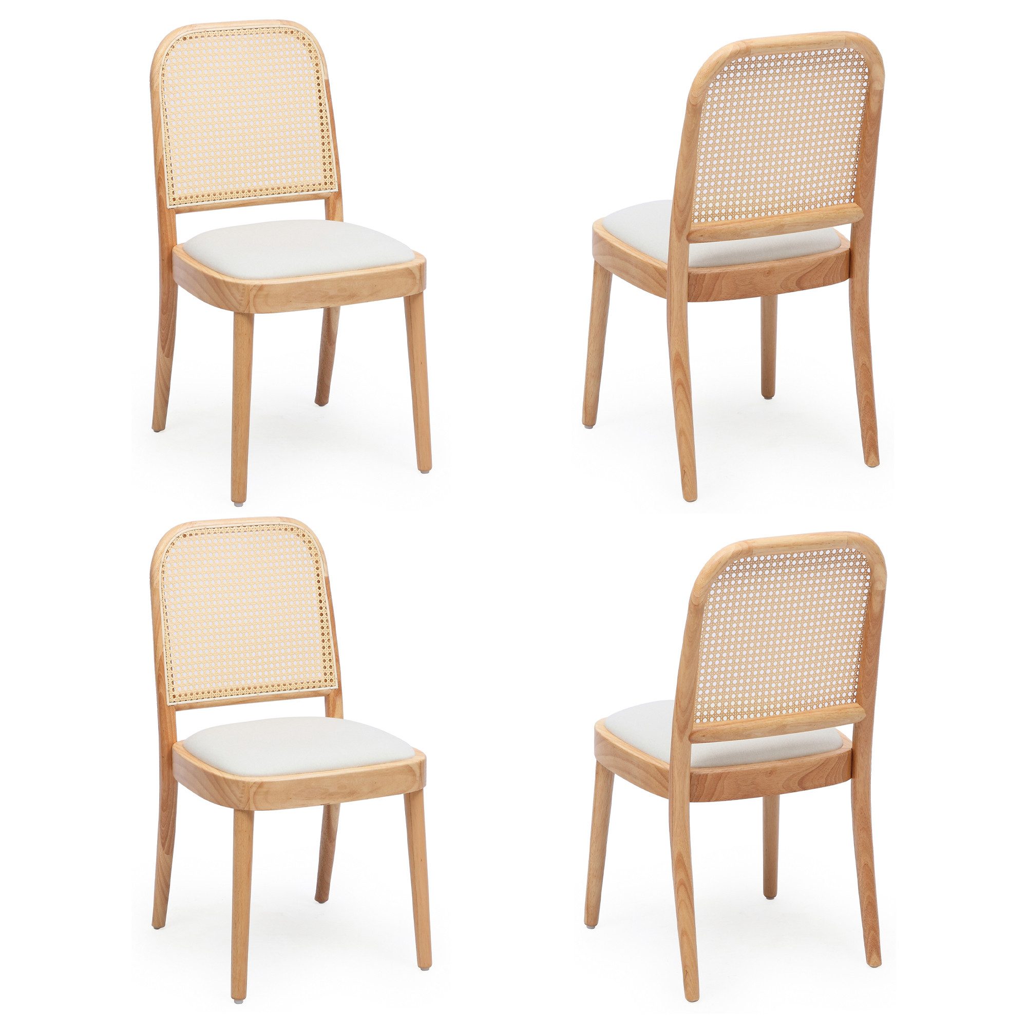 Flieks Esszimmerstuhl Gestell aus Massivholz, Rattan-Rückenlehnen & Leinen-Sitzfläche (Set, 4 St), 4er Set Polsterstühle Rattanstuhl Wohnzimmerstuhl Beige&Natur – Bild 2 von 5