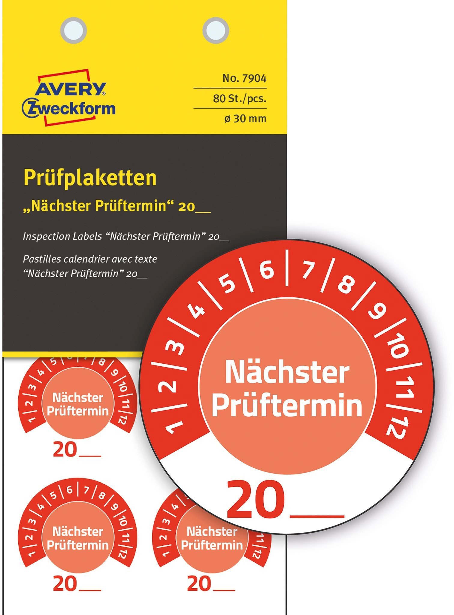 Avery Zweckform Etiketten Prüfplaketten 'Nächster Prüftermin' 20__ Vinyl 30mm 10 Bogen/80 Etiket
