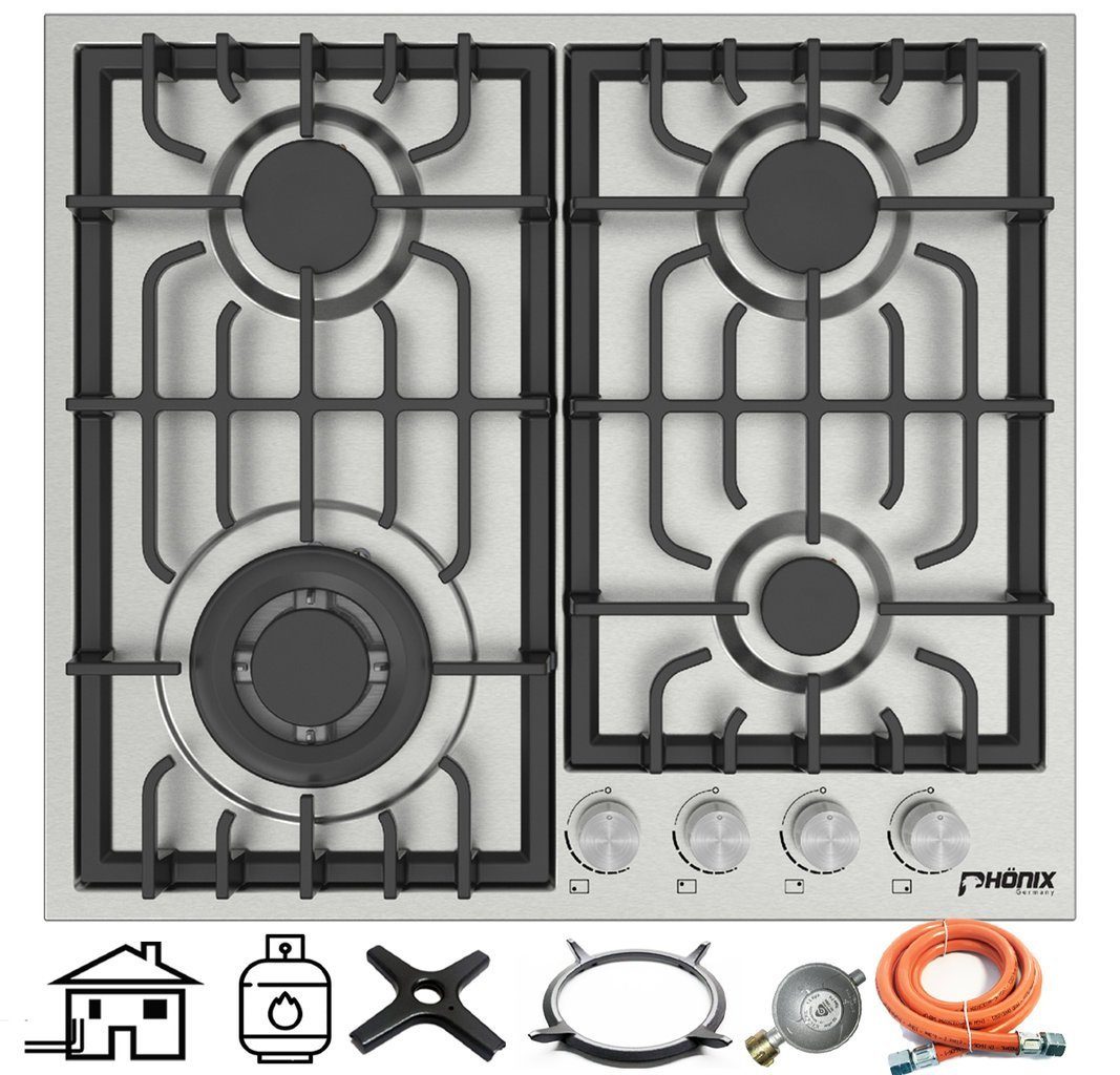 Phönix Germany Gas-Kochfeld PS-604L, Gaskocher 4 flammig mit Zündsicherung, Propan- / Erdgas, H-Gas