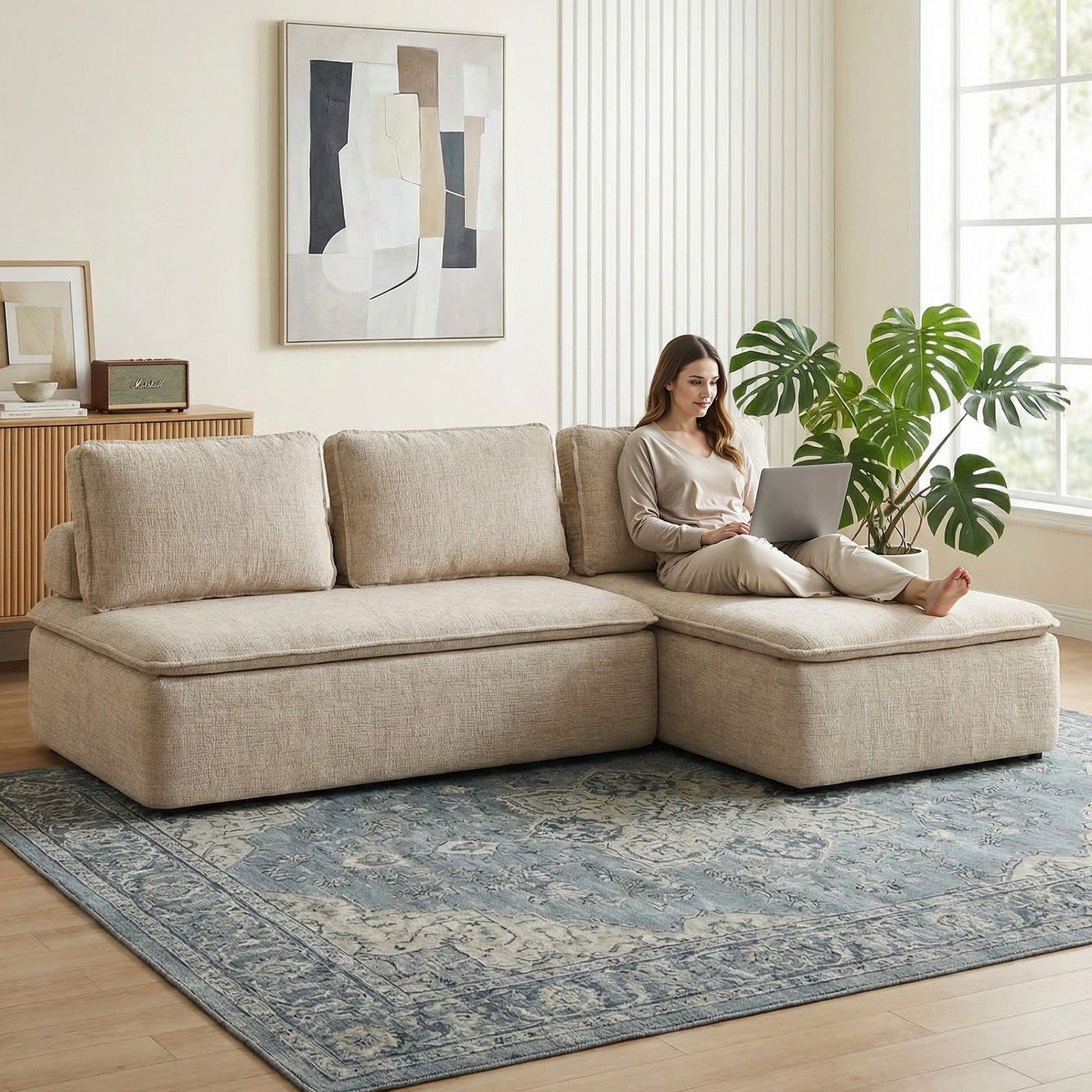 GUNJI Ecksofa 3 Sitzplätze großes L-Sofa, (Premium-Chinillestoff,Kein Aufbau nötig & flexibel kombinierbar,Der beste Preis)