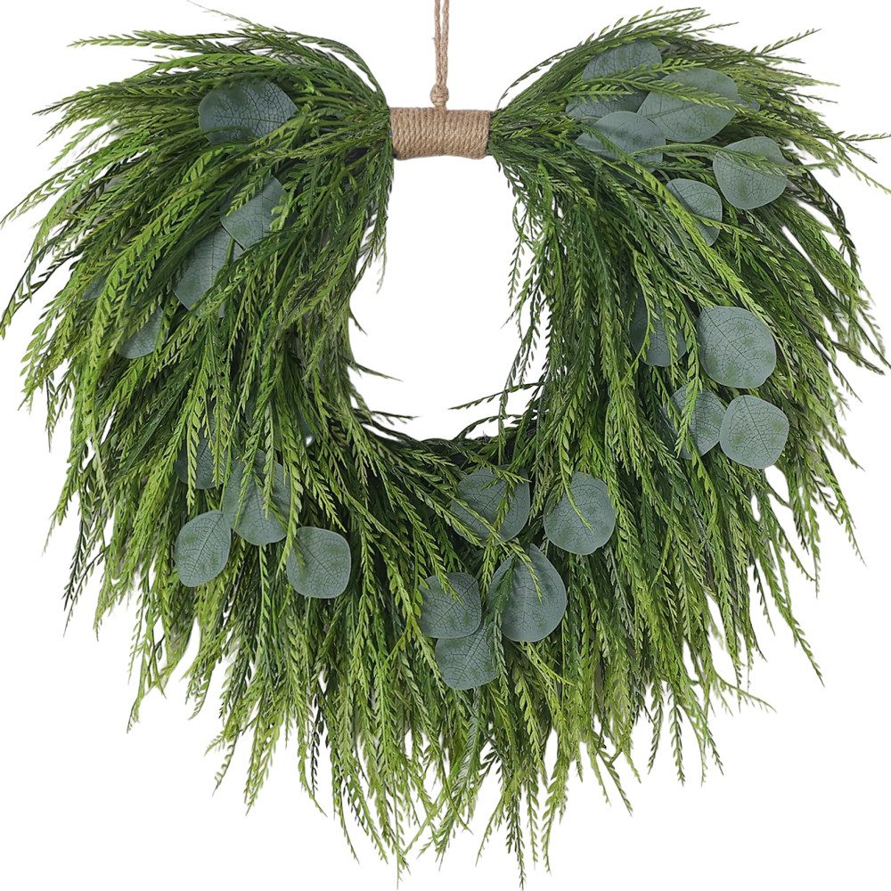 Diwzbyn Dekokranz Künstlicher Eukalyptus Kranz 55 cm, Herzförmiger Türkranz mit Sägegras, Frühlings- & Sommerdekoration im Landhausstil, Kunstpflanzen