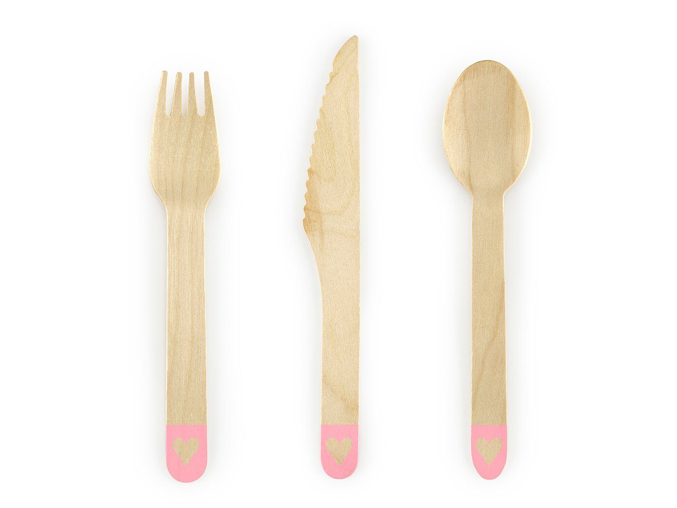 partydeco Einwegbesteck-Set, Holzbesteck mit Herzen 18-teiliges Set für 6 Personen 16cm rosa