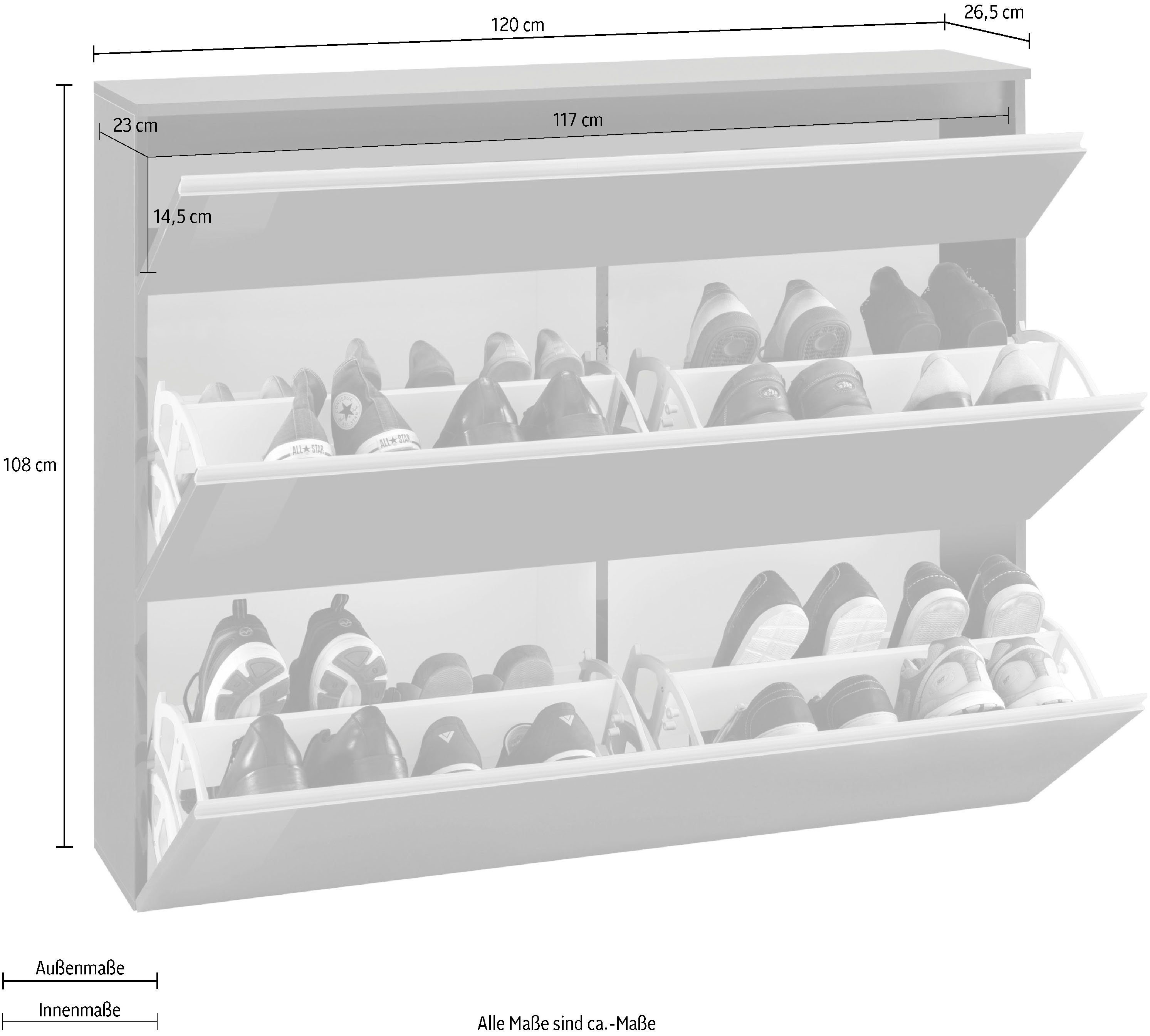 Home affaire Schuhschrank Magic Schuhschrank, Schuhkommode, Schuhregal, softgriff 3 Klappen,Doppelschuhtrommeln,hochglanz lackiert oder matt,Breite 120